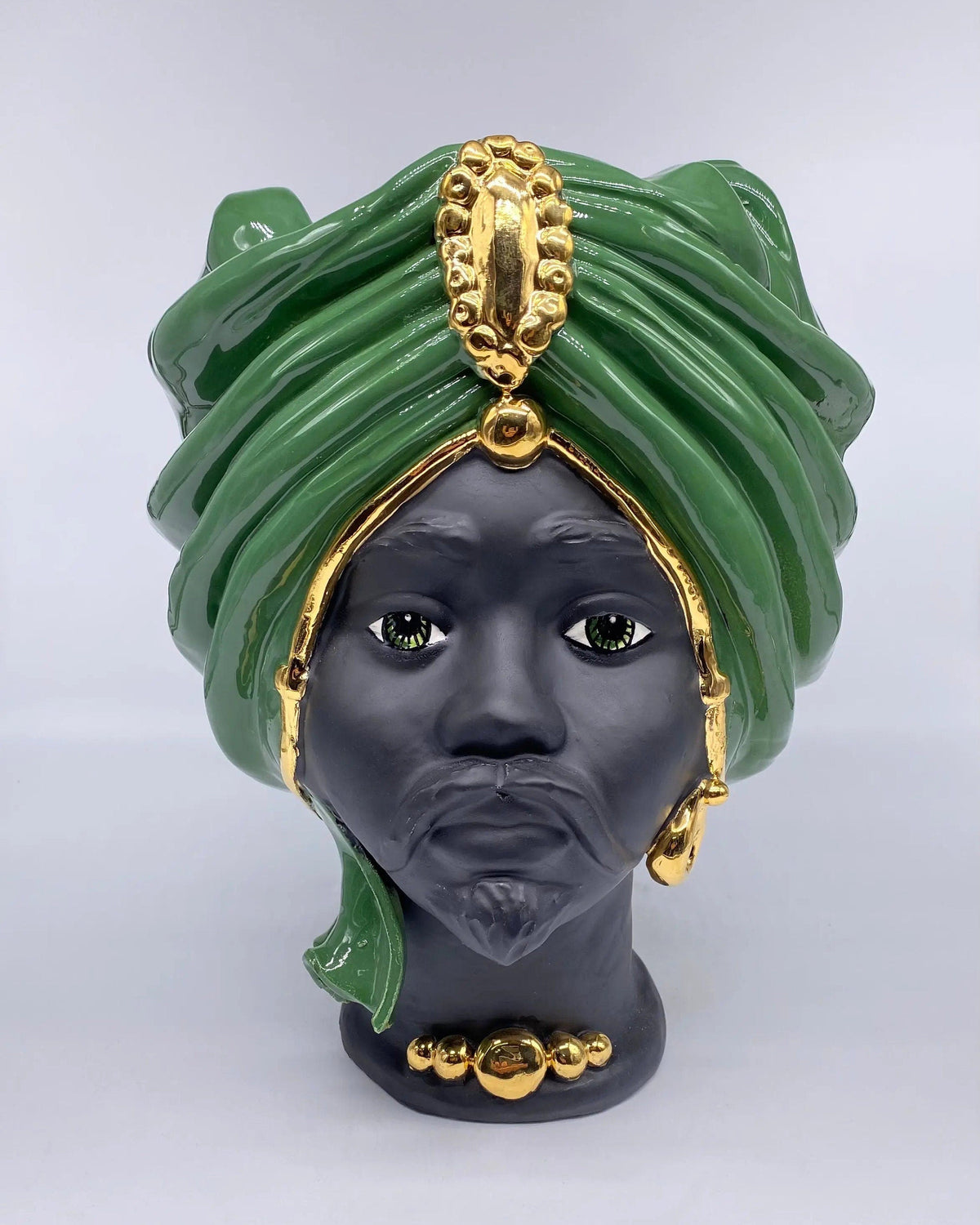Teste di Moro Atena Ceramica Caltagirone cm H.30 L.23 Artigianale Verde Nero Oro DD CERAMICHE SICILIANE