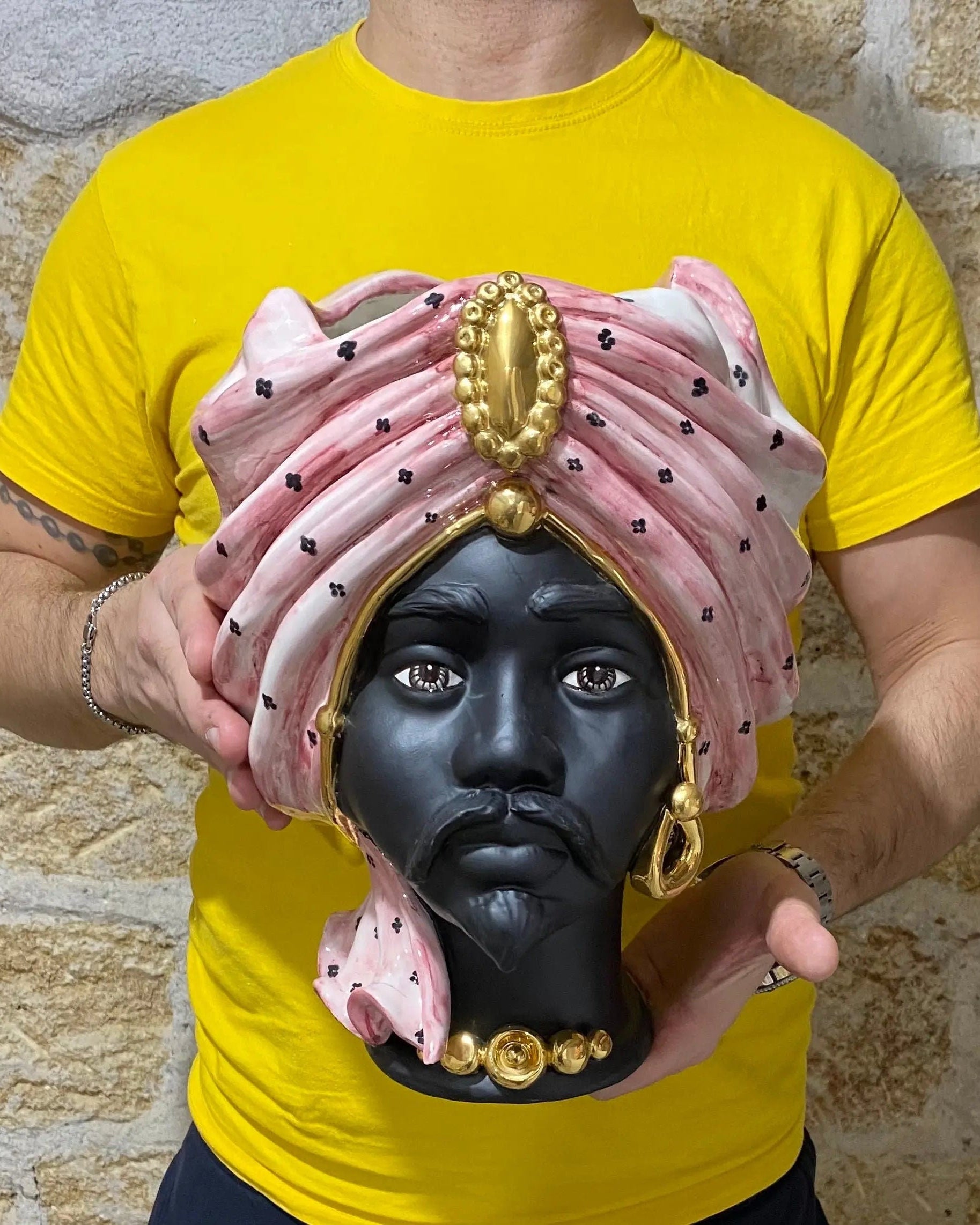 Teste di Moro Atena Ceramica Caltagirone cm H.30 L.23 Artigianale Rosa Pois Nero Oro DD CERAMICHE SICILIANE