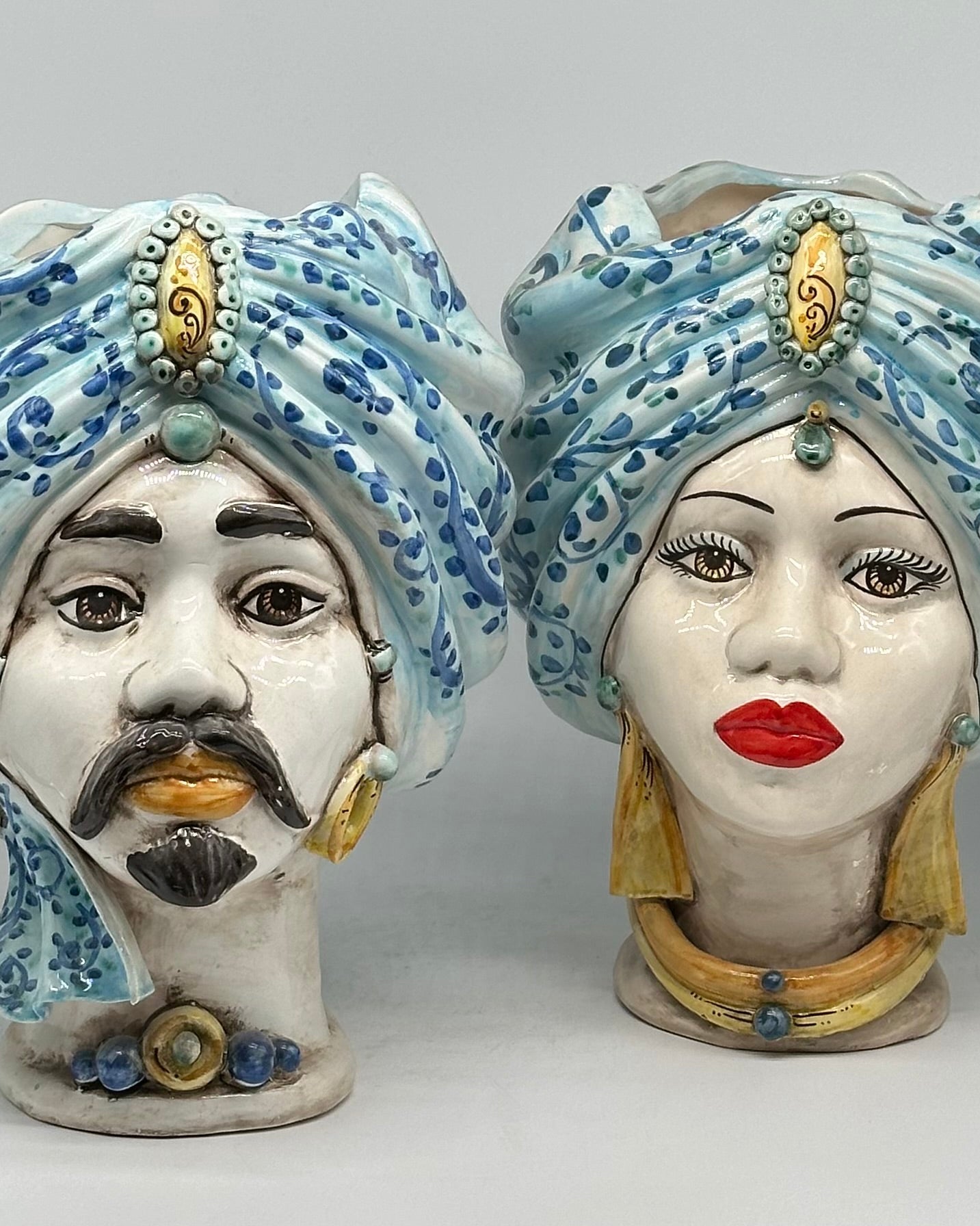 Teste di Moro Atena Ceramica Caltagirone cm H.30 L.23 Artigianale Celeste Barocco - TESTA DI MORO
