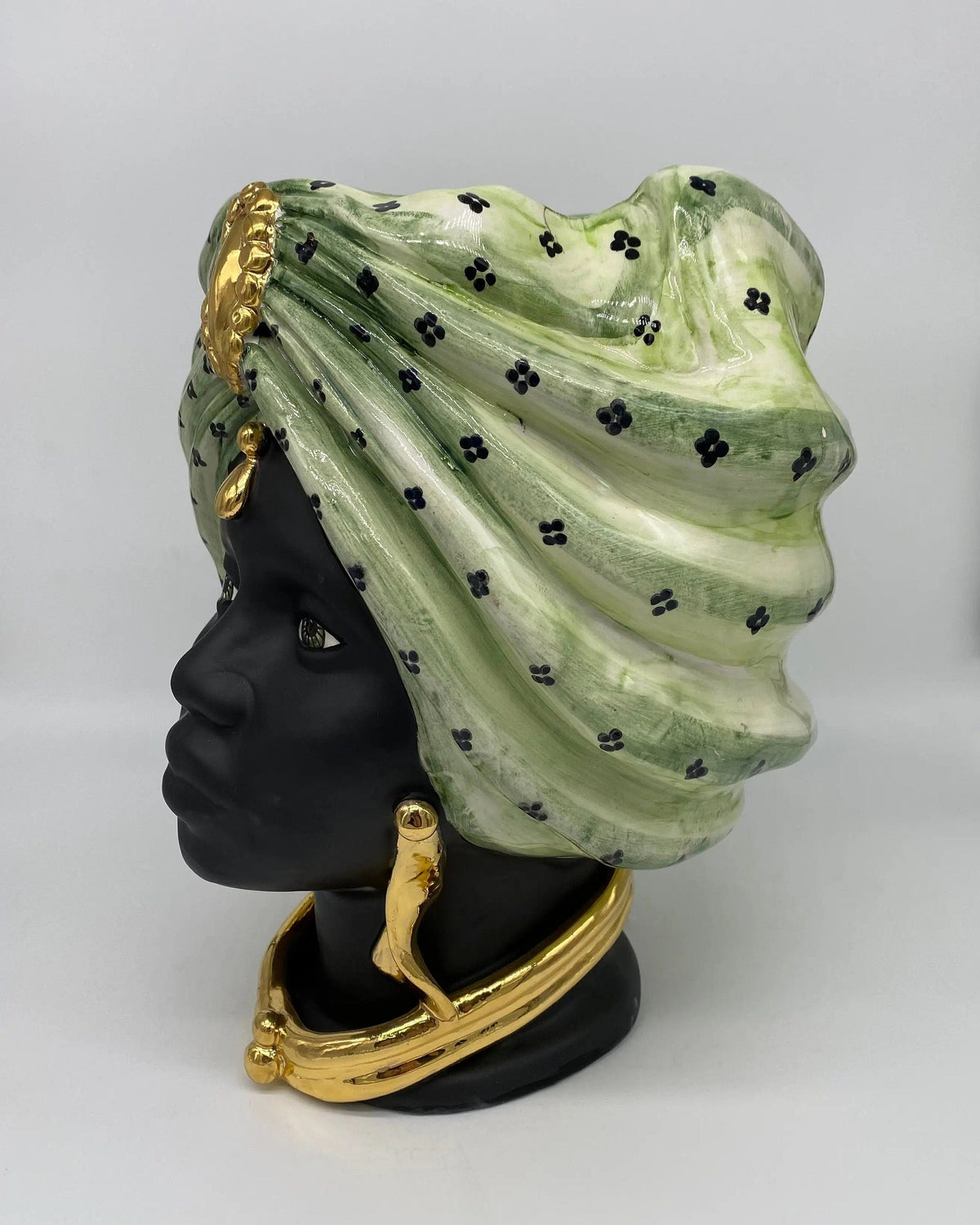 Teste di Moro Atena Ceramica Caltagirone cm H.30 L.23 Artigianale Verde Pois Nero Oro DD CERAMICHE SICILIANE