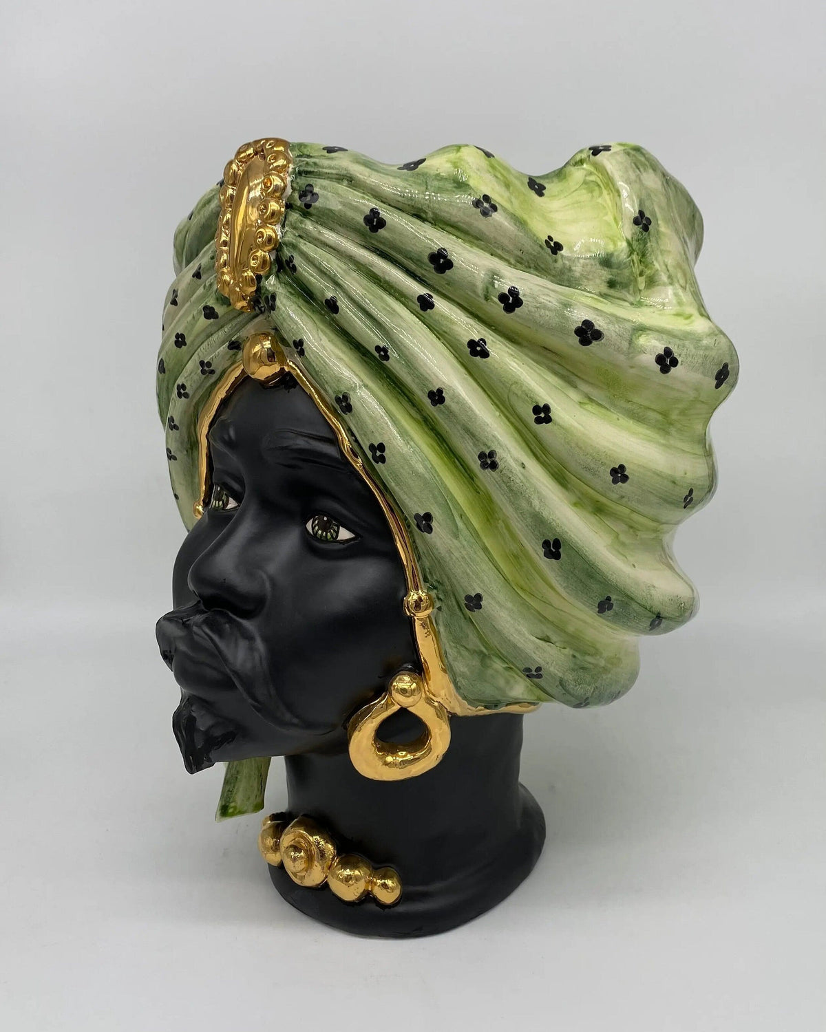 Teste di Moro Atena Ceramica Caltagirone cm H.30 L.23 Artigianale Verde Pois Nero Oro DD CERAMICHE SICILIANE