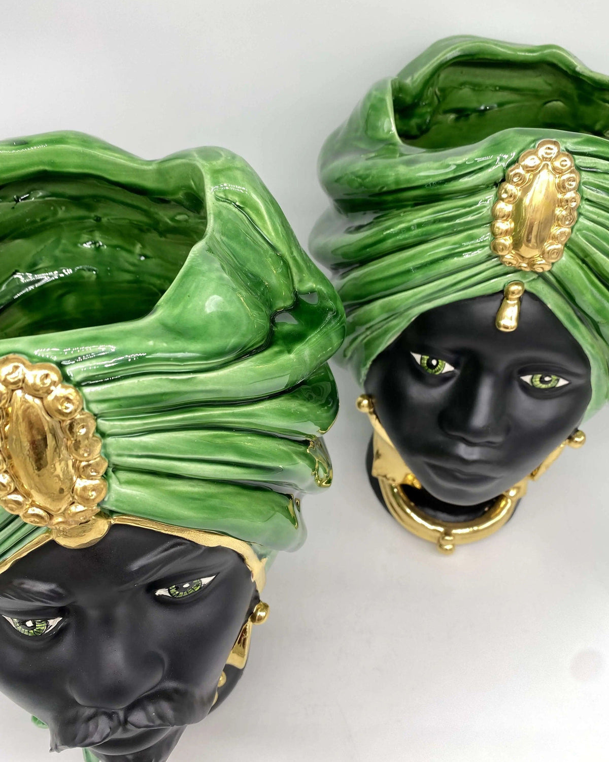 Teste di Moro Atena Ceramica Caltagirone cm H.30 L.23 Artigianale Verde Cristallo Nero Oro DD CERAMICHE SICILIANE