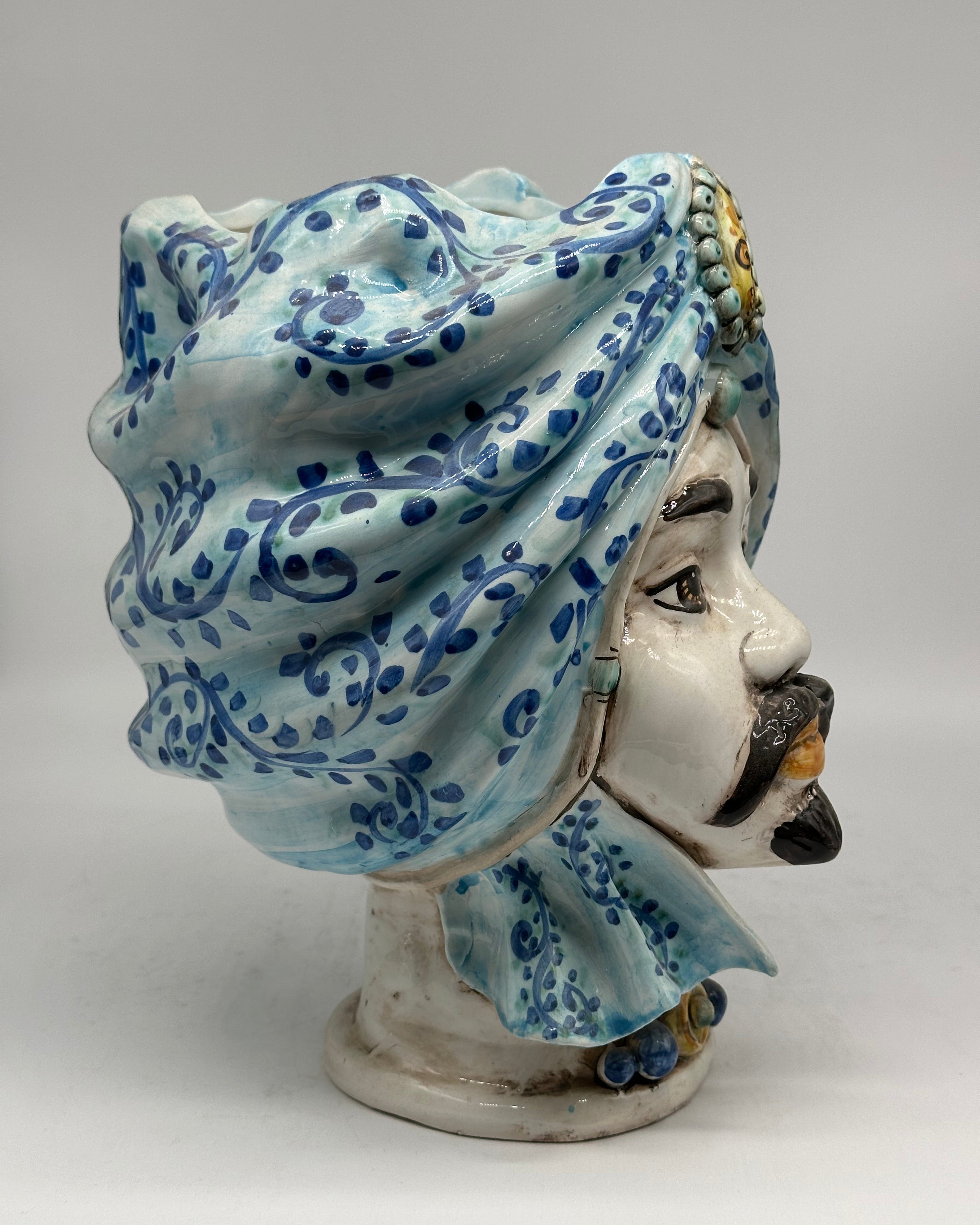 Teste di Moro Atena Ceramica Caltagirone cm H.30 L.23 Artigianale Celeste Barocco - TESTA DI MORO