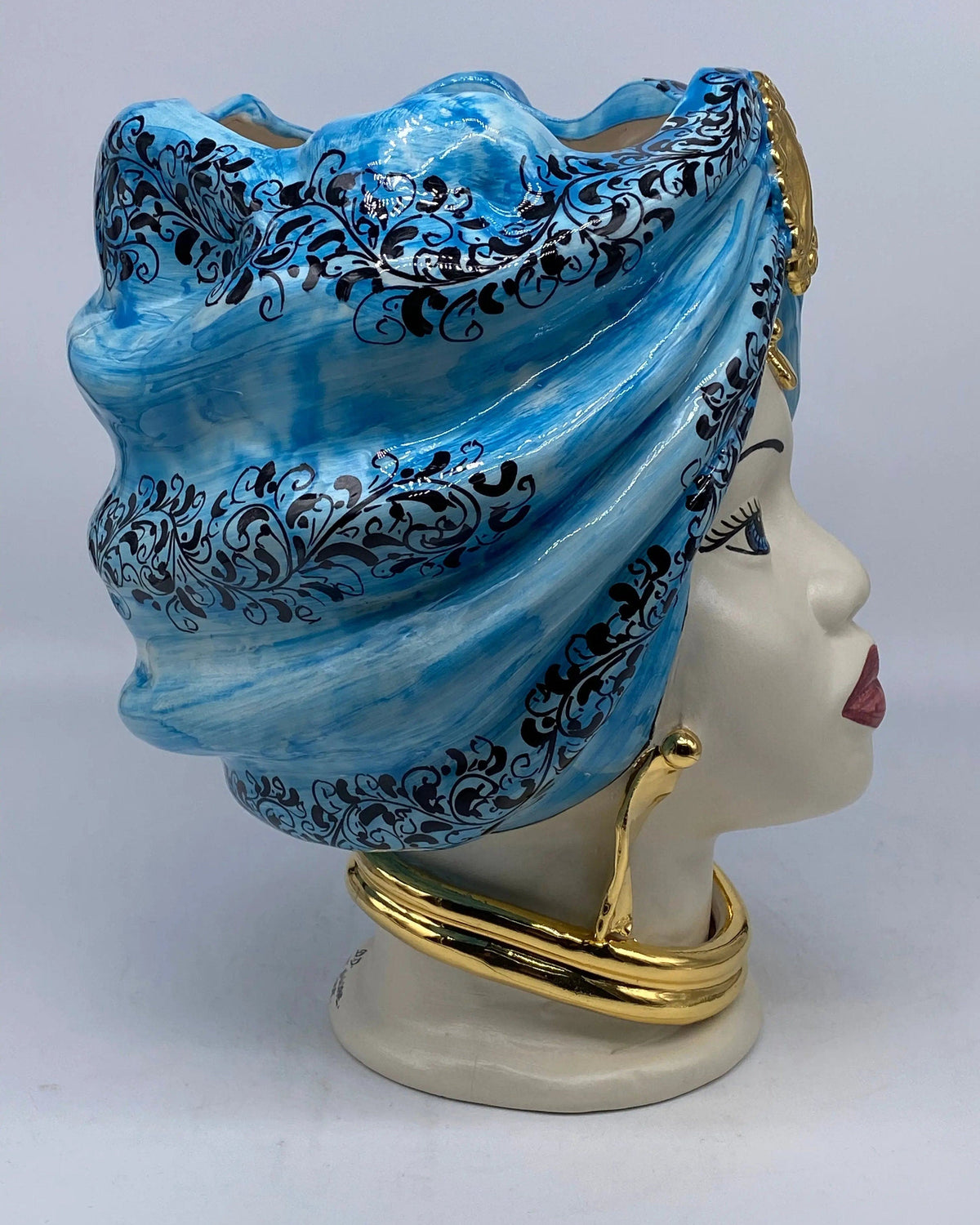 Teste di Moro Atena Ceramica Caltagirone cm H.30 L.23 Artigianale Opaco Celeste Barocco Oro DD CERAMICHE SICILIANE
