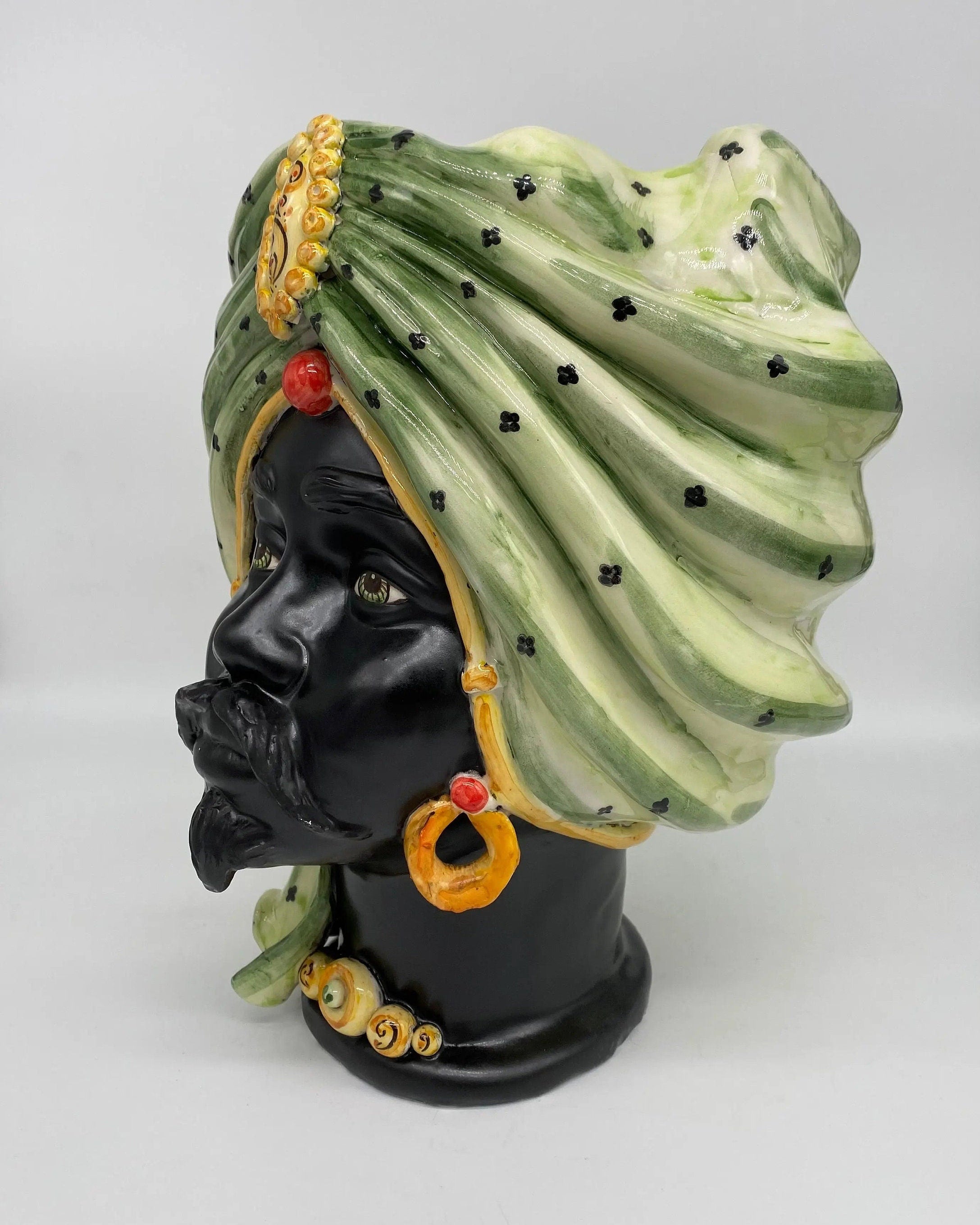 Teste di Moro Atena Ceramica Caltagirone cm H.30 L.23 Artigianale Verde Pois Nero Giallo DD CERAMICHE SICILIANE