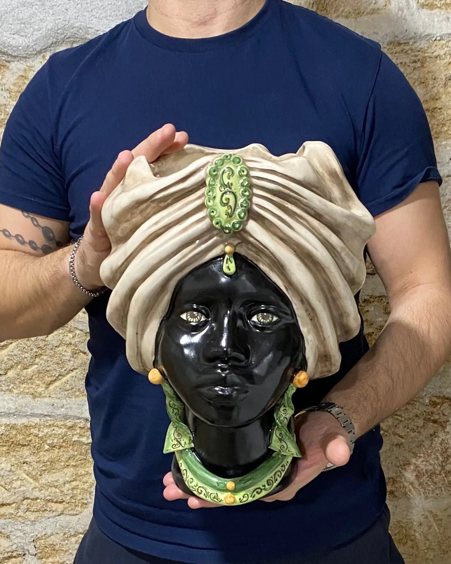Teste di Moro Atena Ceramica Caltagirone cm H.30 L.23 Artigianale Écru Nero Verde DD CERAMICHE SICILIANE