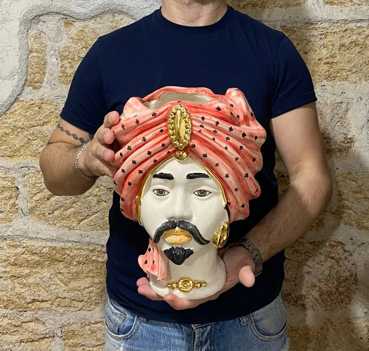 Teste di Moro Atena Ceramica Caltagirone cm H.30 L.23 Artigianale Rosso Pois Oro DD CERAMICHE SICILIANE