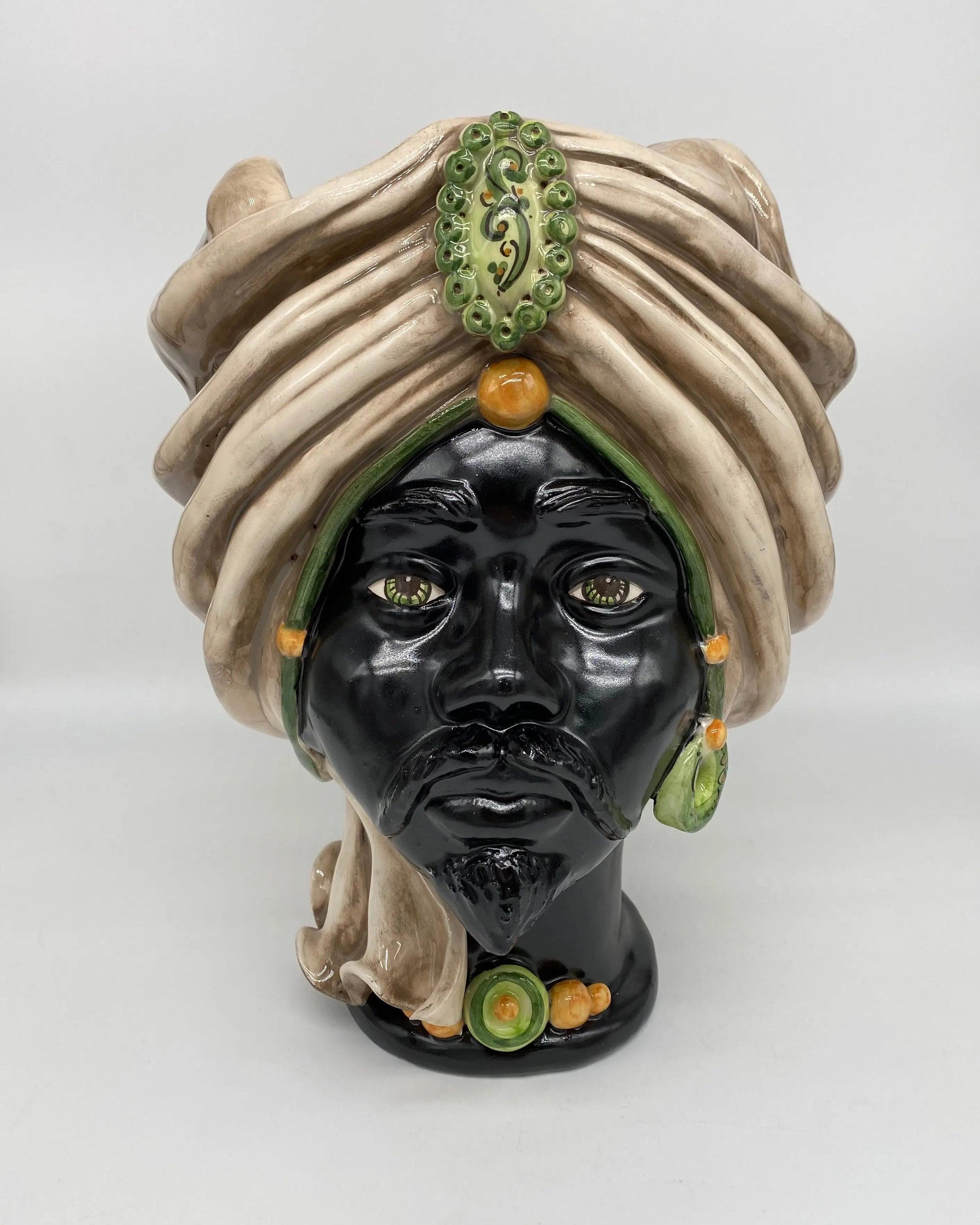 Teste di Moro Atena Ceramica Caltagirone cm H.30 L.23 Artigianale Écru Nero Verde DD CERAMICHE SICILIANE