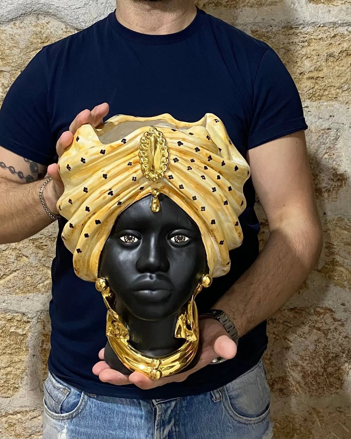 Teste di Moro Atena Ceramica Caltagirone cm H.30 L.23 Artigianale Arancio Pois Nero Oro DD CERAMICHE SICILIANE