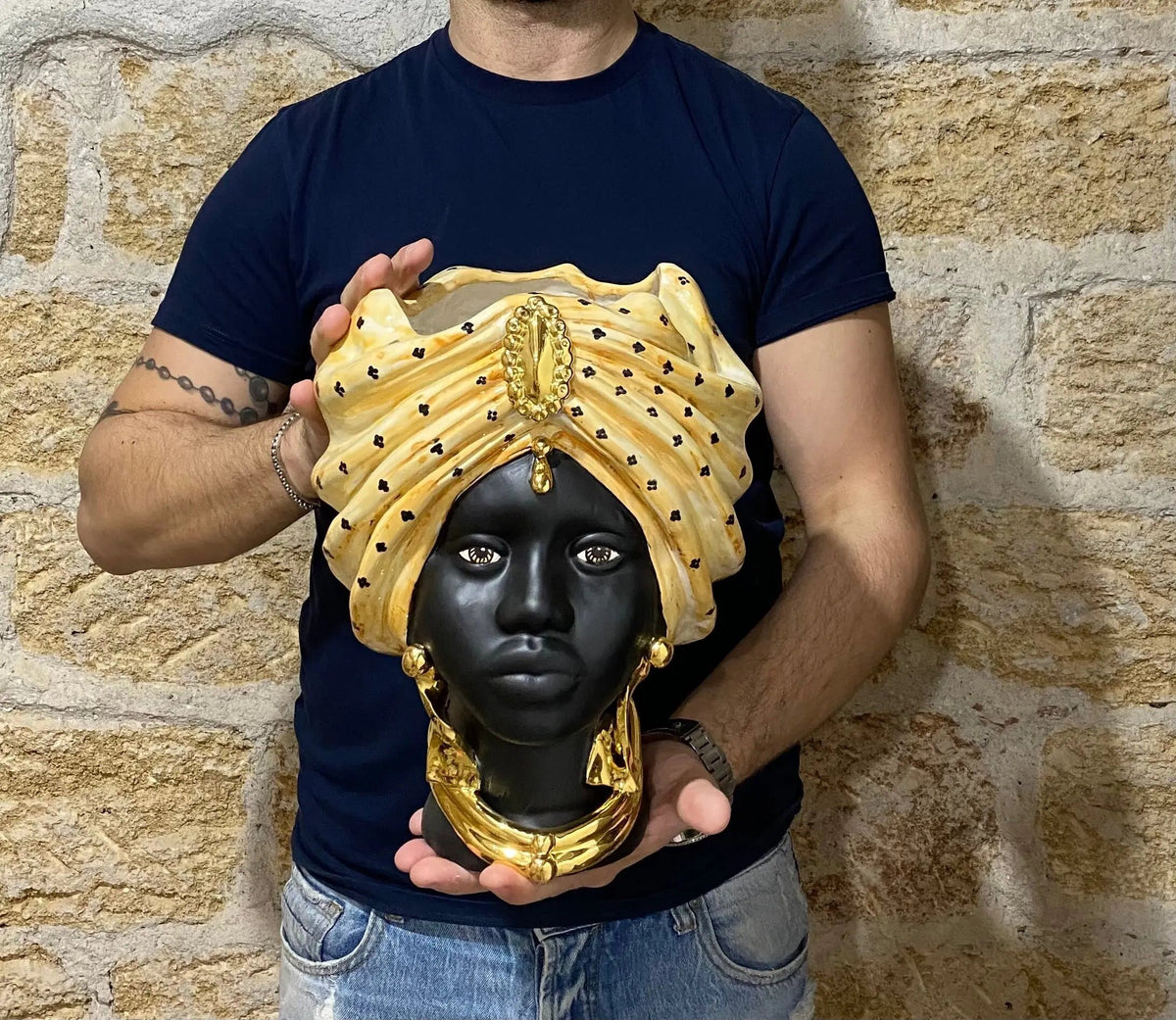 Teste di Moro Atena Ceramica Caltagirone cm H.30 L.23 Artigianale Arancio Pois Nero Oro DD CERAMICHE SICILIANE