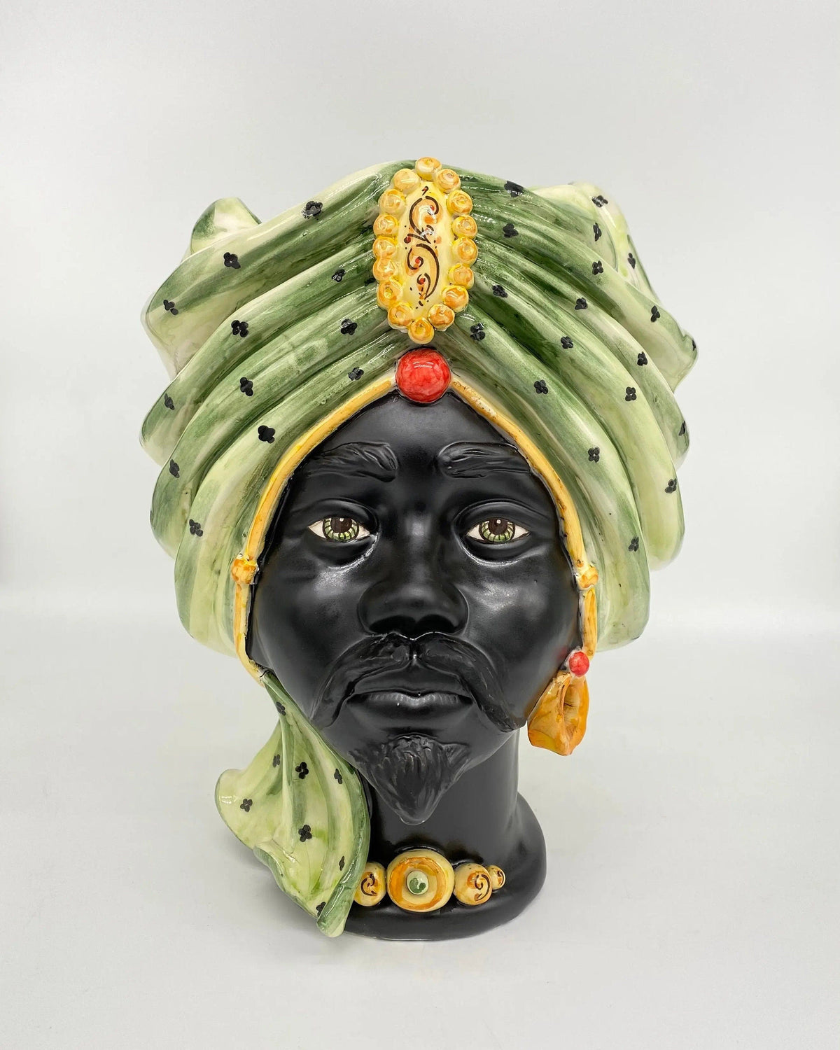 Teste di Moro Atena Ceramica Caltagirone cm H.30 L.23 Artigianale Verde Pois Nero Giallo DD CERAMICHE SICILIANE