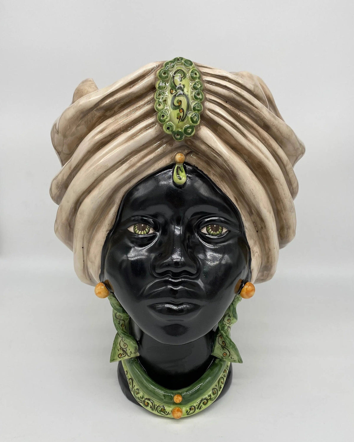 Teste di Moro Atena Ceramica Caltagirone cm H.30 L.23 Artigianale Écru Nero Verde DD CERAMICHE SICILIANE