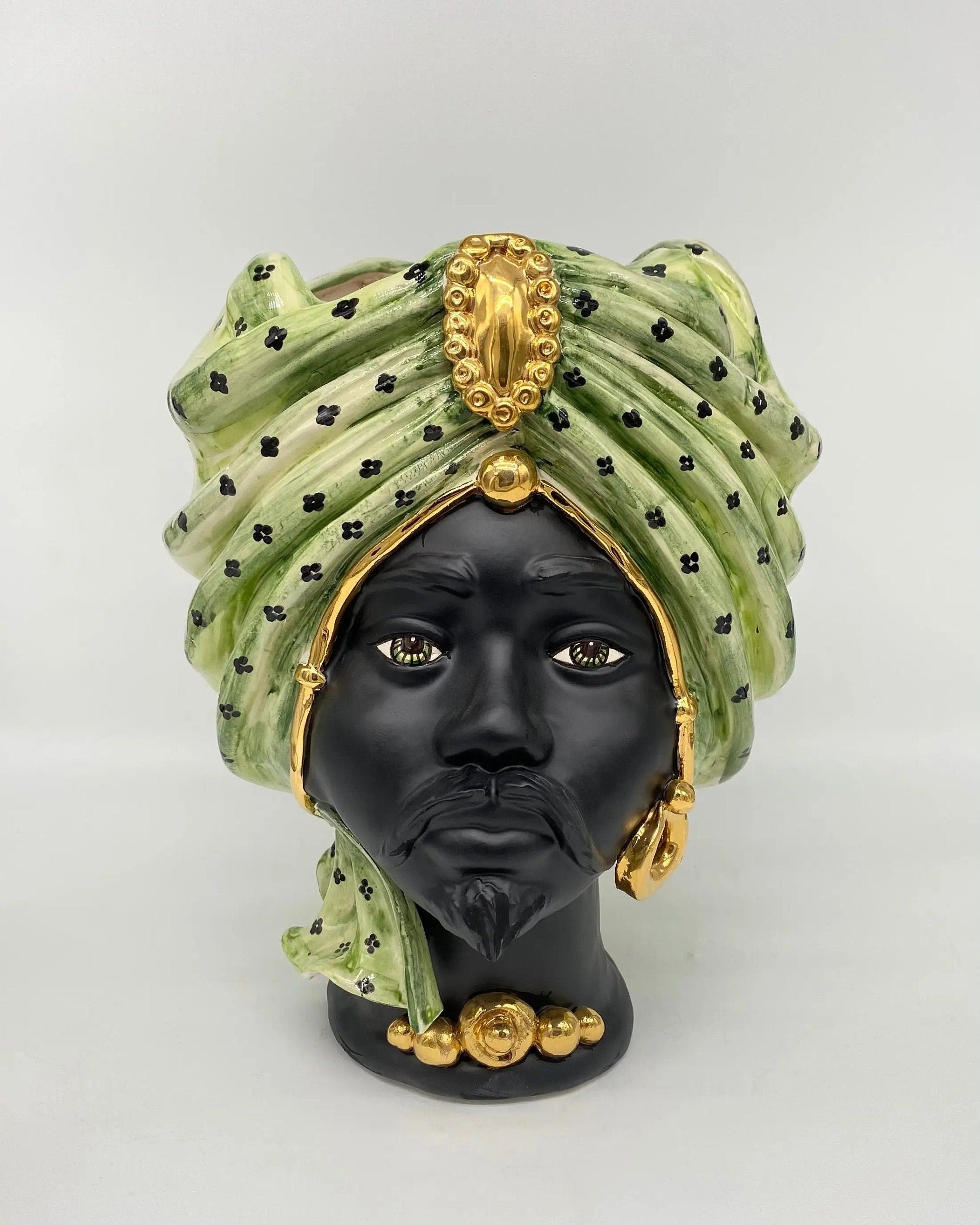 Teste di Moro Atena Ceramica Caltagirone cm H.30 L.23 Artigianale Verde Pois Nero Oro DD CERAMICHE SICILIANE