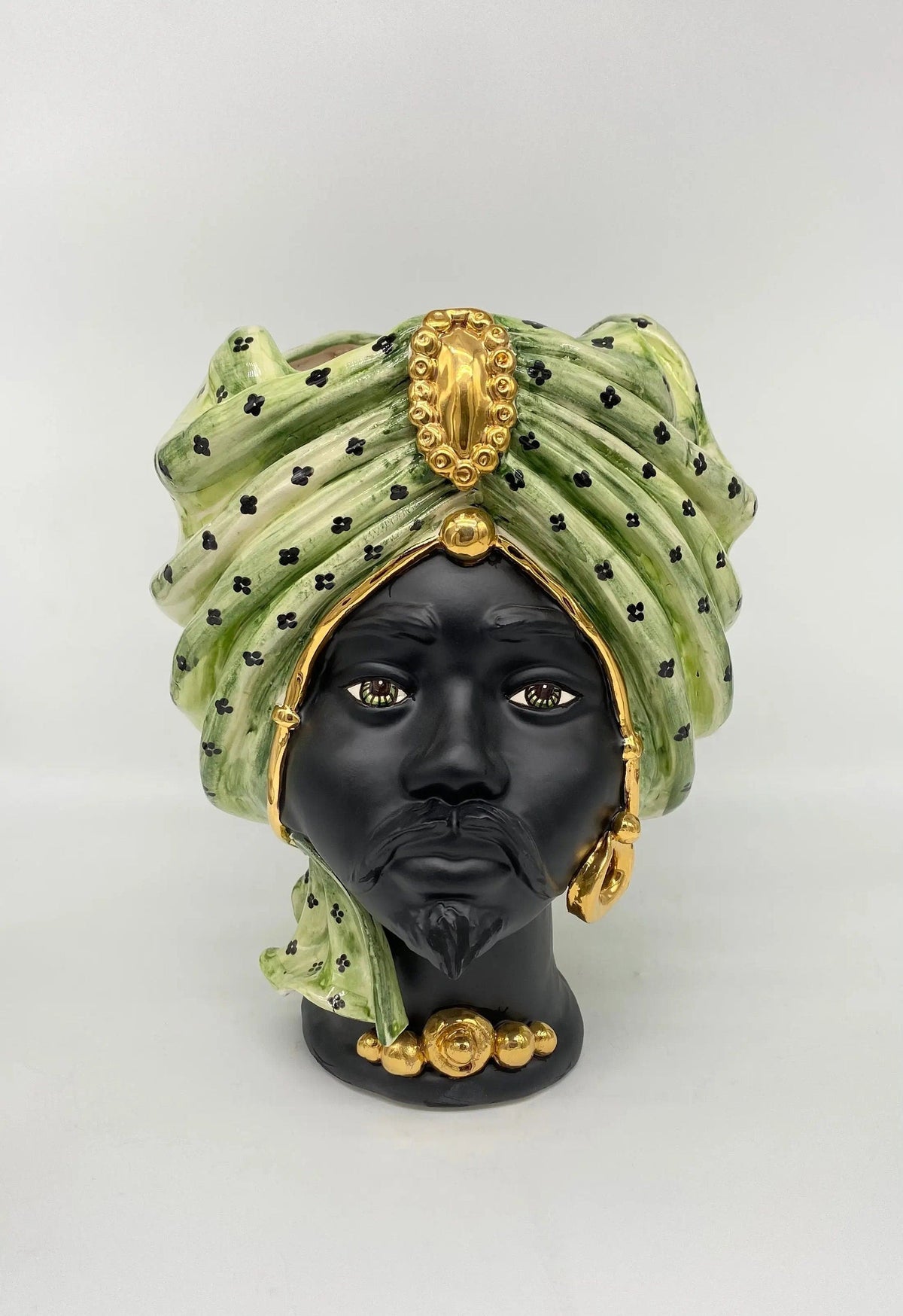 Teste di Moro Atena Ceramica Caltagirone cm H.30 L.23 Artigianale Verde Pois Nero Oro DD CERAMICHE SICILIANE