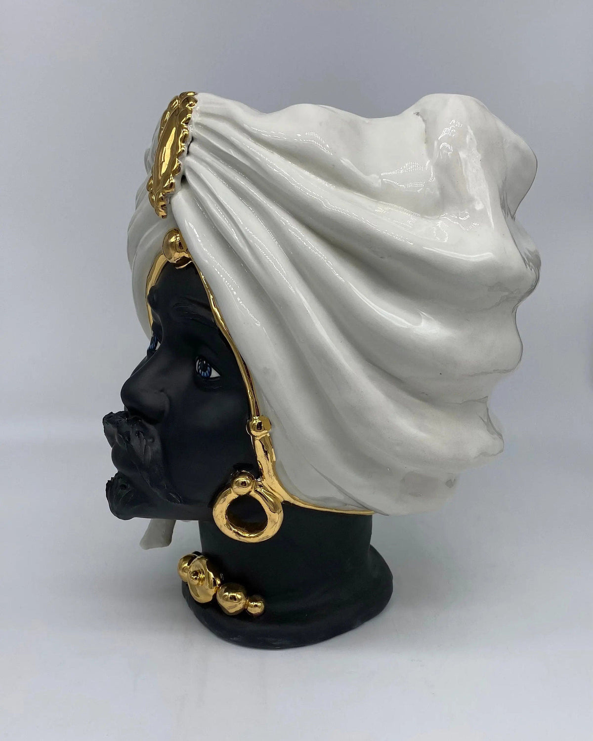 Teste di Moro Atena Ceramica Caltagirone cm H.30 L.23 Artigianale Bianco Nero Oro DD CERAMICHE SICILIANE