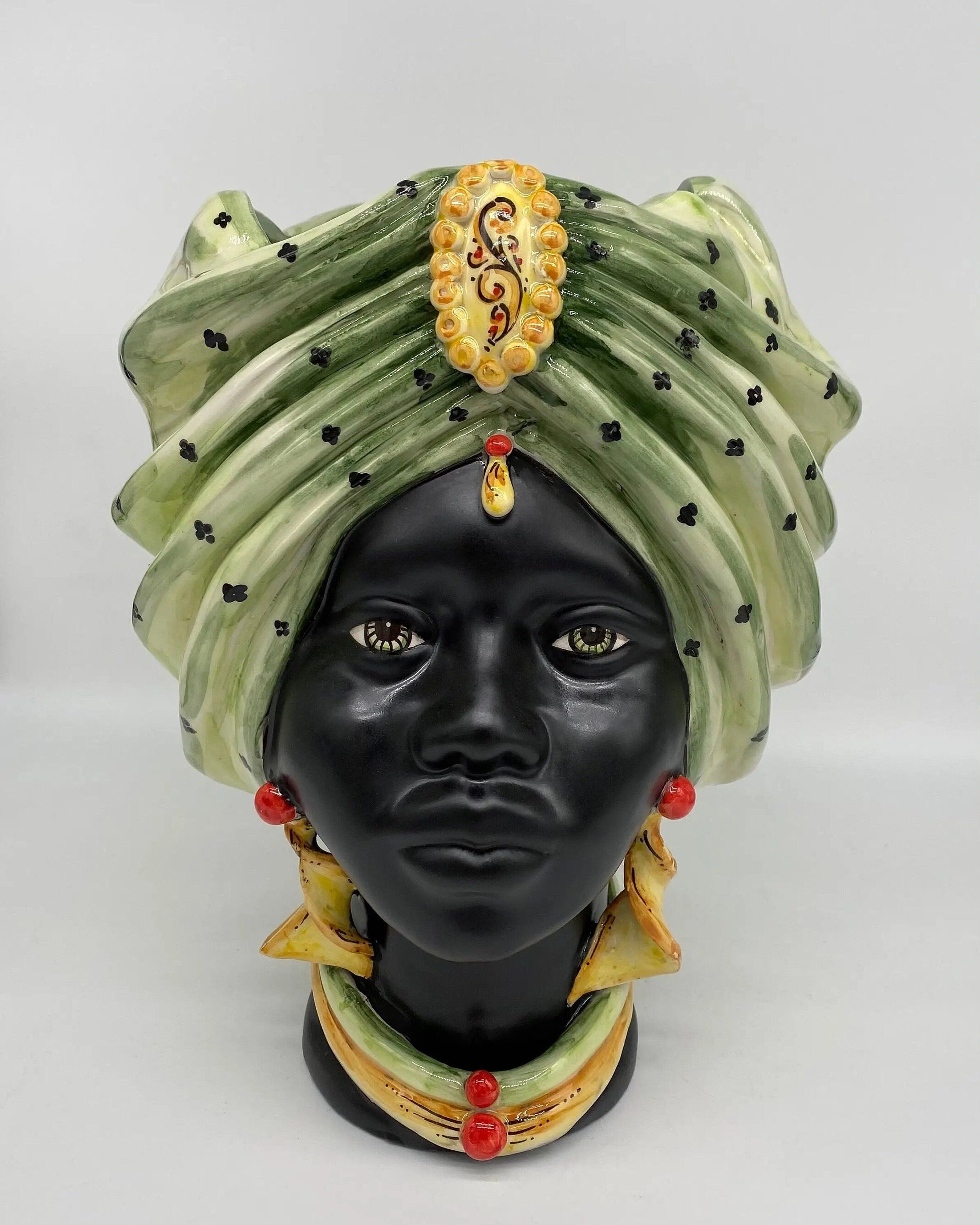 Teste di Moro Atena Ceramica Caltagirone cm H.30 L.23 Artigianale Verde Pois Nero Giallo DD CERAMICHE SICILIANE
