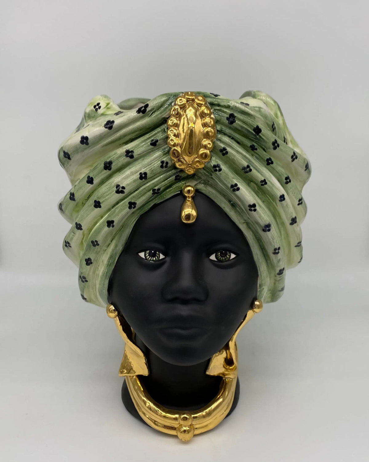 Teste di Moro Atena Ceramica Caltagirone cm H.30 L.23 Artigianale Verde Pois Nero Oro DD CERAMICHE SICILIANE