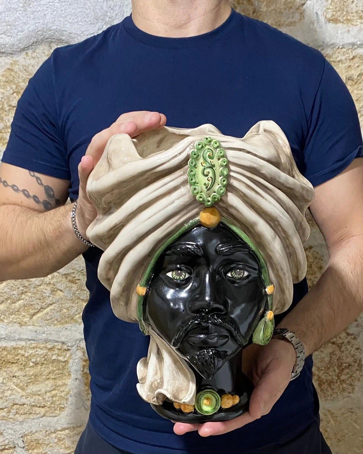 Teste di Moro Atena Ceramica Caltagirone cm H.30 L.23 Artigianale Écru Nero Verde DD CERAMICHE SICILIANE
