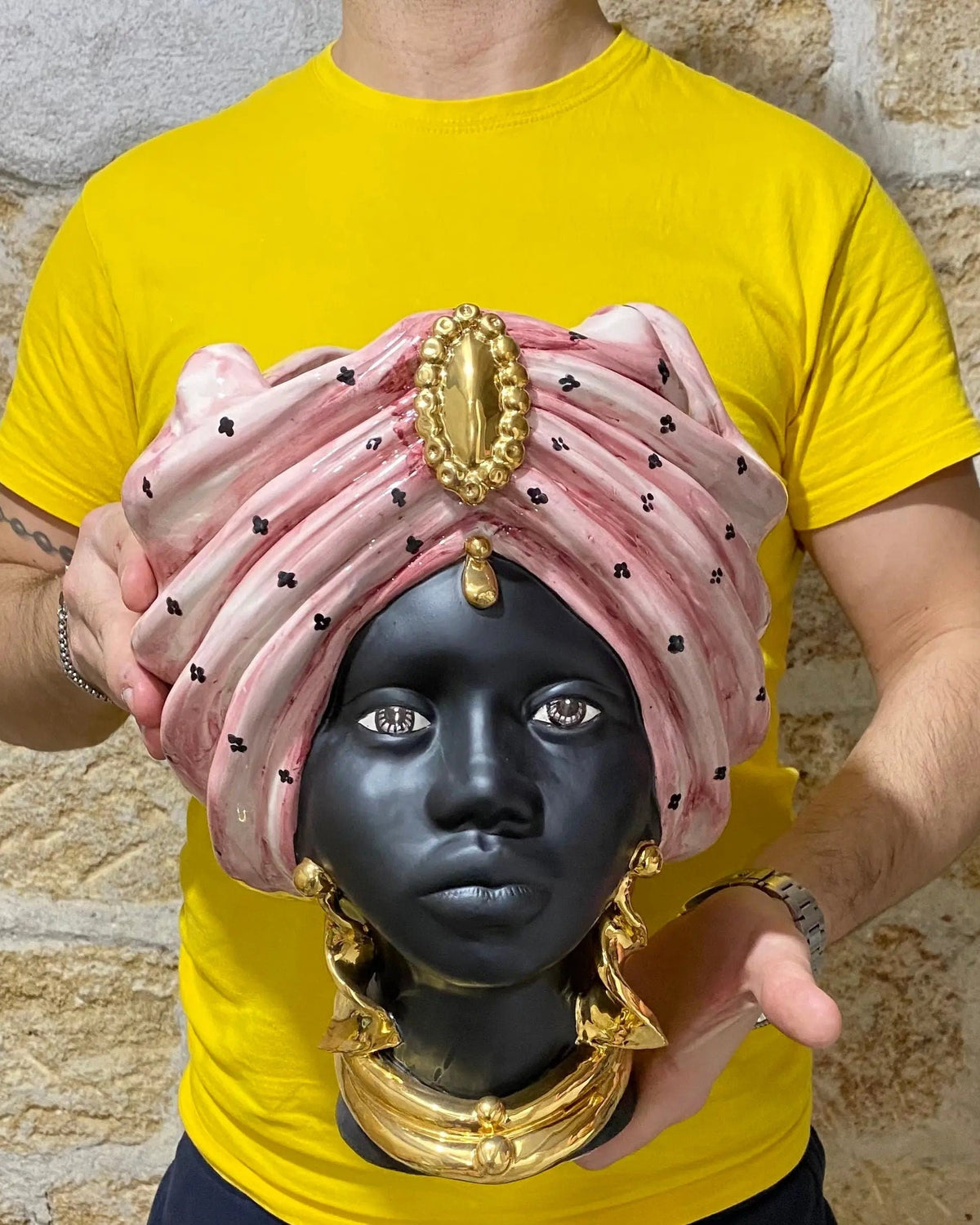 Teste di Moro Atena Ceramica Caltagirone cm H.30 L.23 Artigianale Rosa Pois Nero Oro DD CERAMICHE SICILIANE
