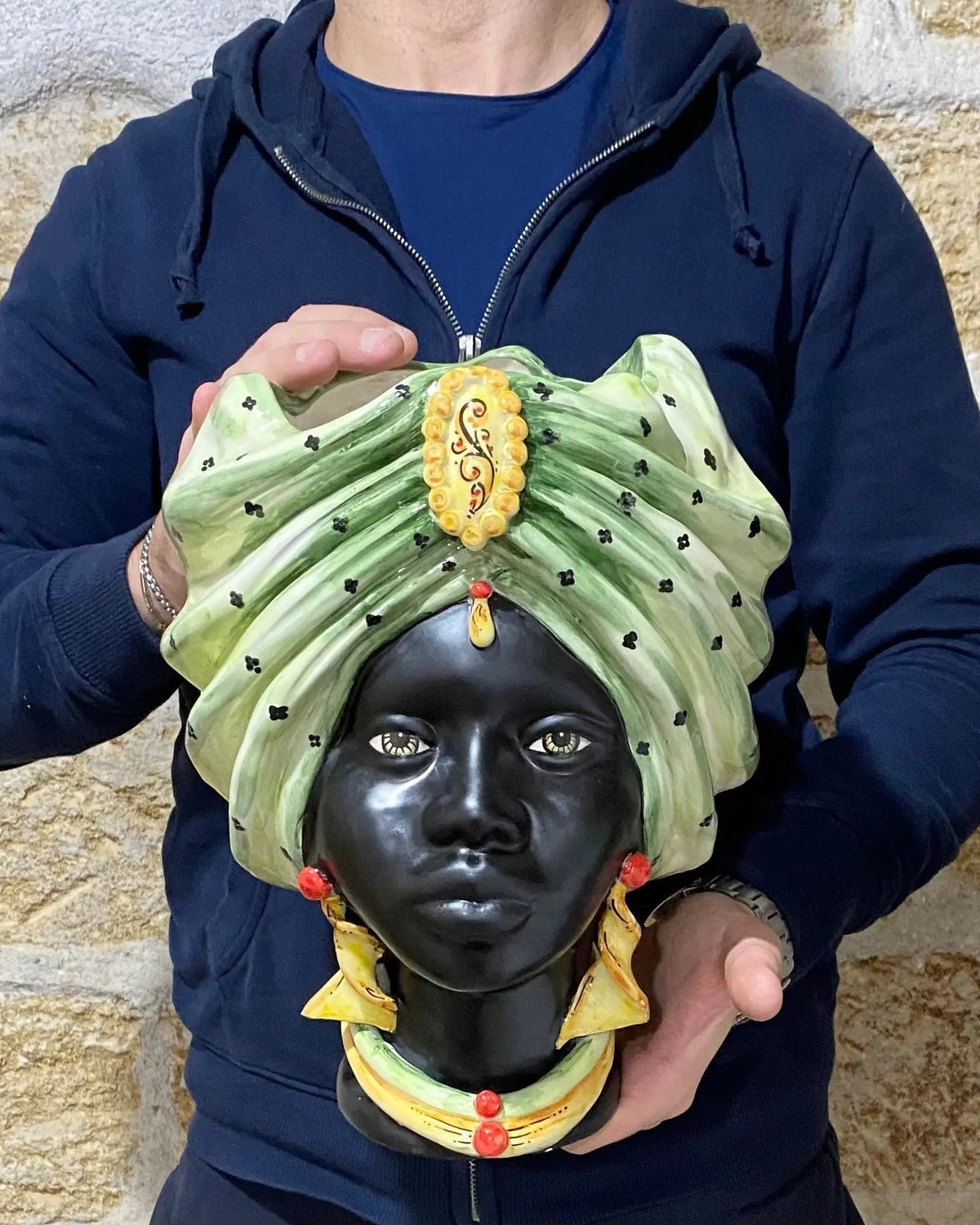 Teste di Moro Atena Ceramica Caltagirone cm H.30 L.23 Artigianale Verde Pois Nero Giallo DD CERAMICHE SICILIANE