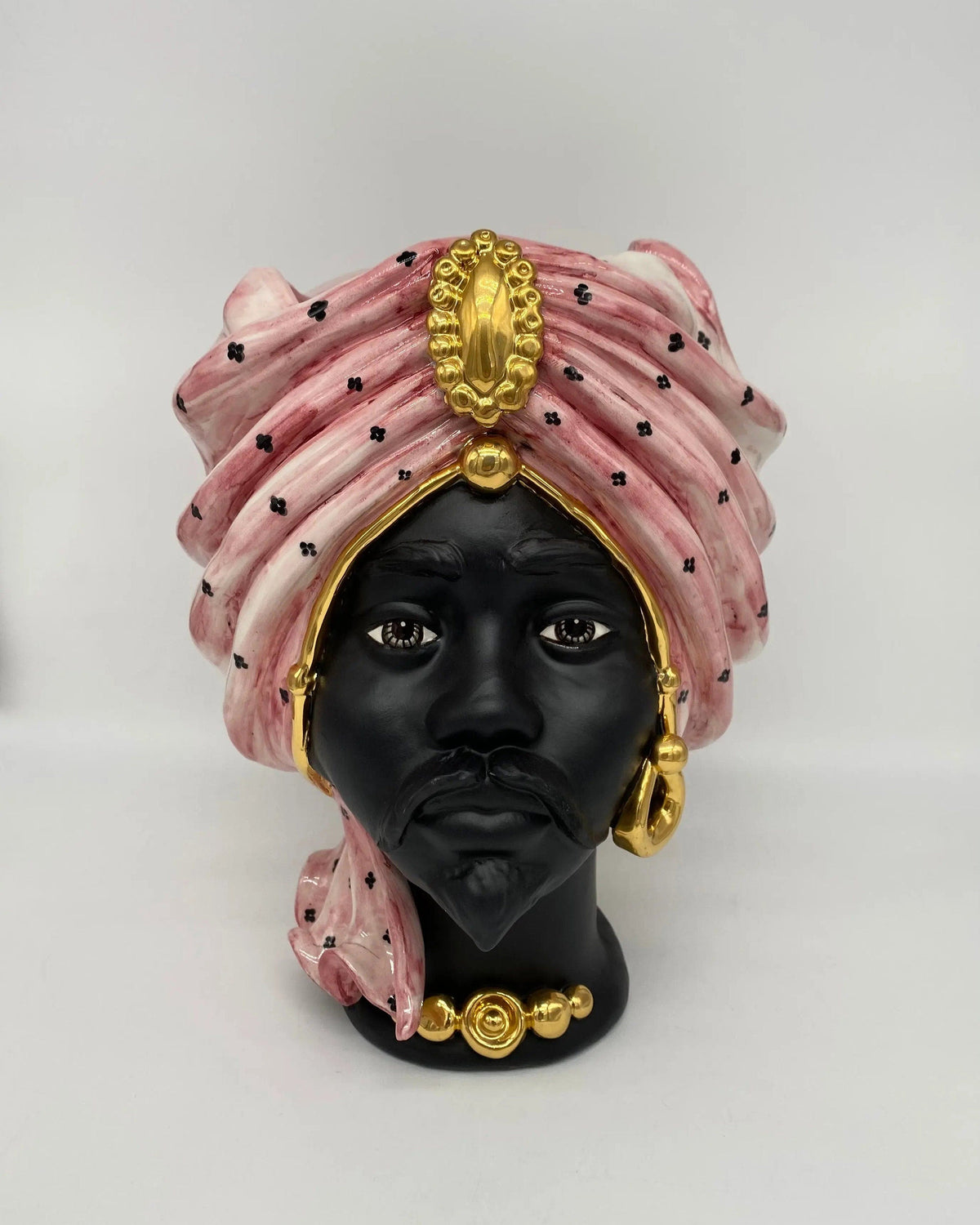 Teste di Moro Atena Ceramica Caltagirone cm H.30 L.23 Artigianale Rosa Pois Nero Oro DD CERAMICHE SICILIANE