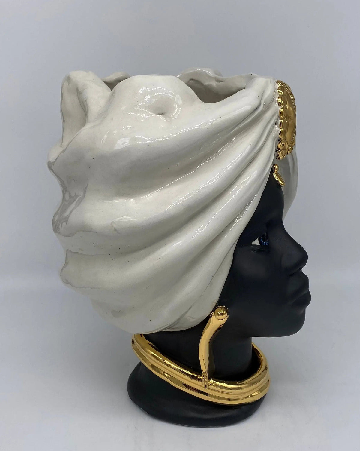 Teste di Moro Atena Ceramica Caltagirone cm H.30 L.23 Artigianale Bianco Nero Oro DD CERAMICHE SICILIANE