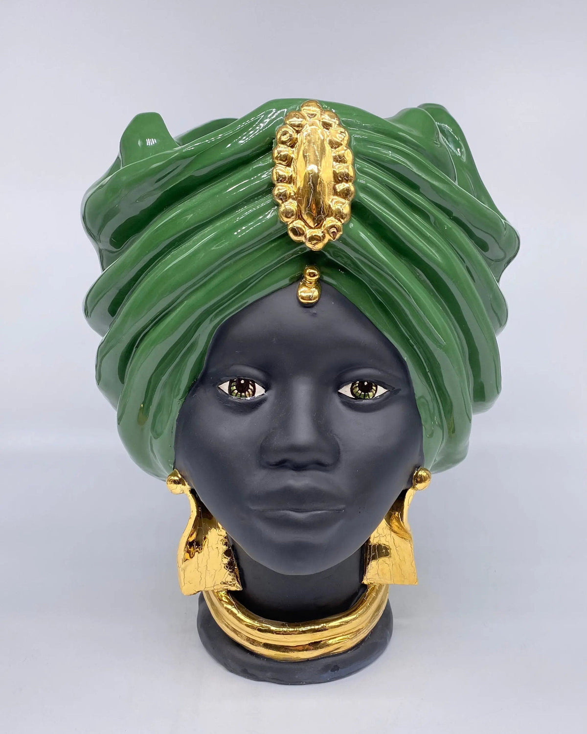 Teste di Moro Atena Ceramica Caltagirone cm H.30 L.23 Artigianale Verde Nero Oro DD CERAMICHE SICILIANE