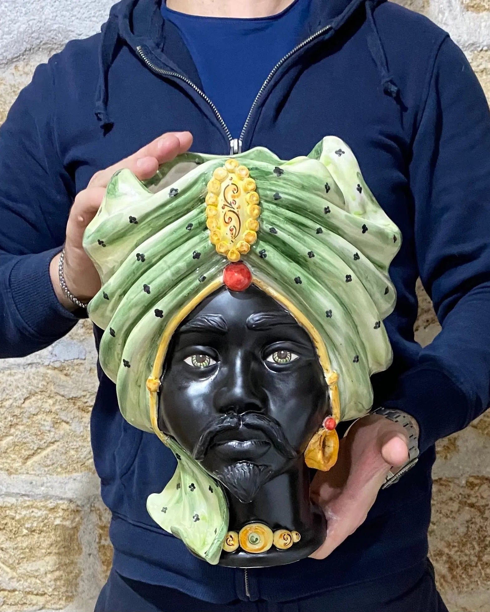 Teste di Moro Atena Ceramica Caltagirone cm H.30 L.23 Artigianale Verde Pois Nero Giallo DD CERAMICHE SICILIANE