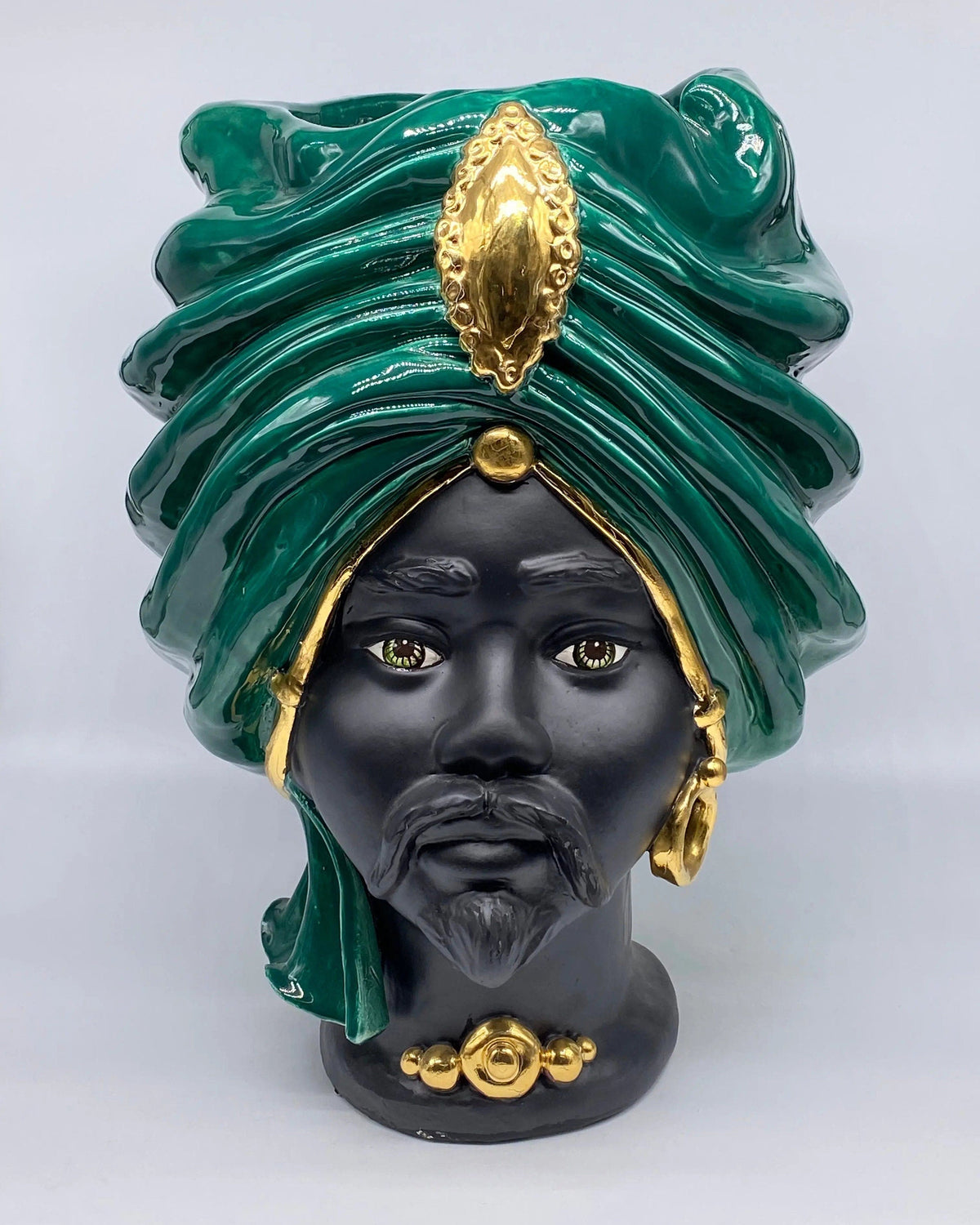 Teste di Moro Atena Ceramica Caltagirone cm H.40 L.28 Artigianale Verde Scuro Nero Oro DD CERAMICHE SICILIANE
