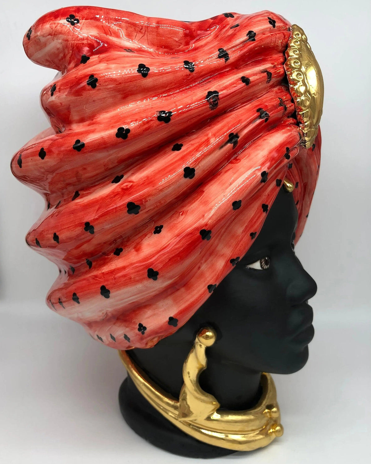 Teste di Moro Atena Ceramica Caltagirone cm H.40 L.28 Artigianale Rosso Pois Nero Oro DD CERAMICHE SICILIANE
