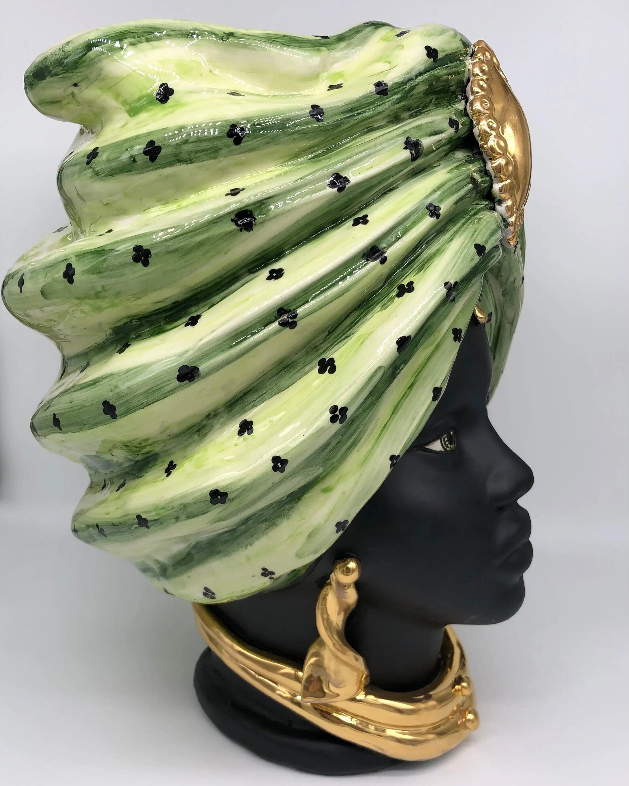 Teste di Moro Atena Ceramica Caltagirone cm H.40 L.28 Artigianale Verde Pois Nero Oro DD CERAMICHE SICILIANE