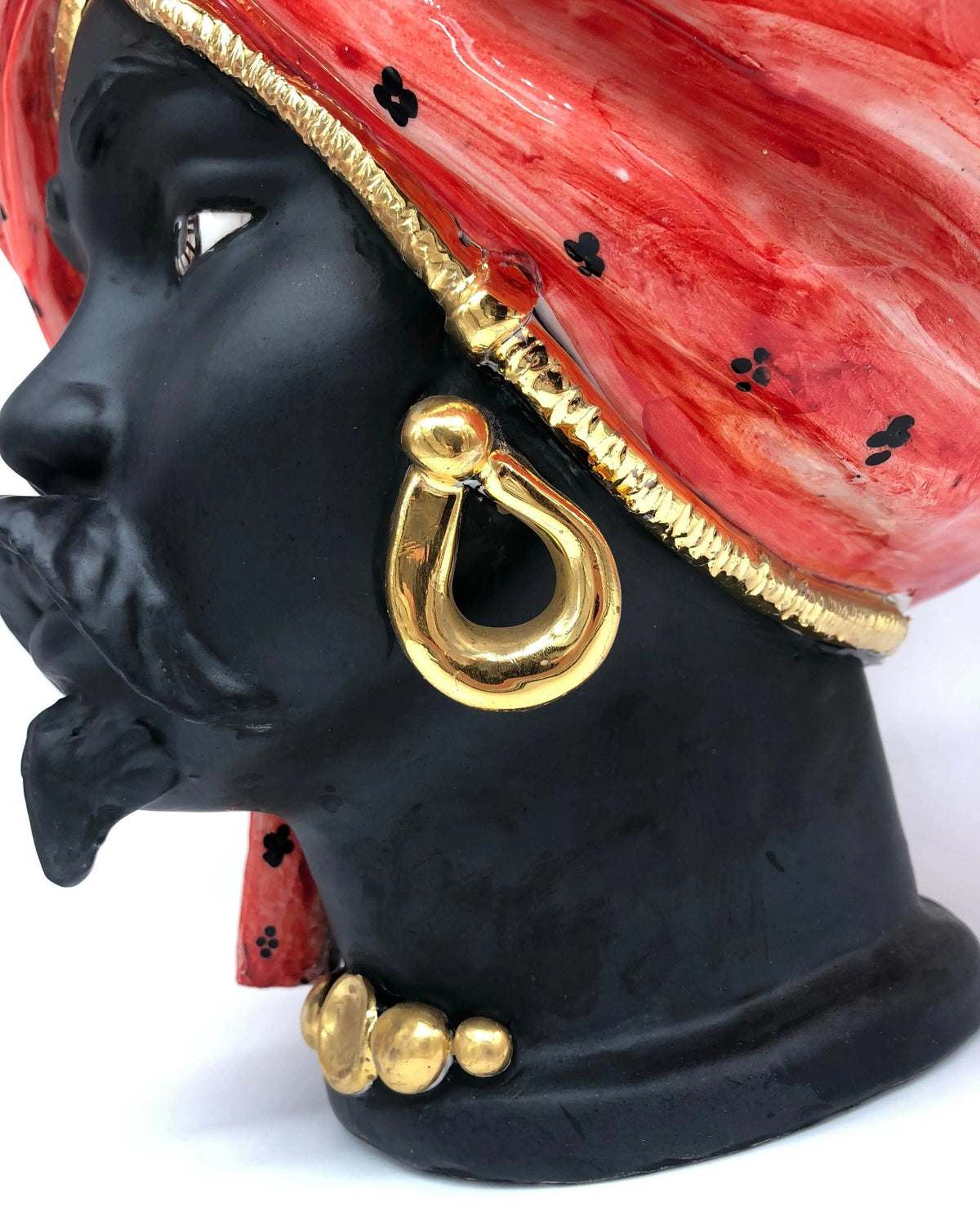 Teste di Moro Atena Ceramica Caltagirone cm H.40 L.28 Artigianale Rosso Pois Nero Oro DD CERAMICHE SICILIANE