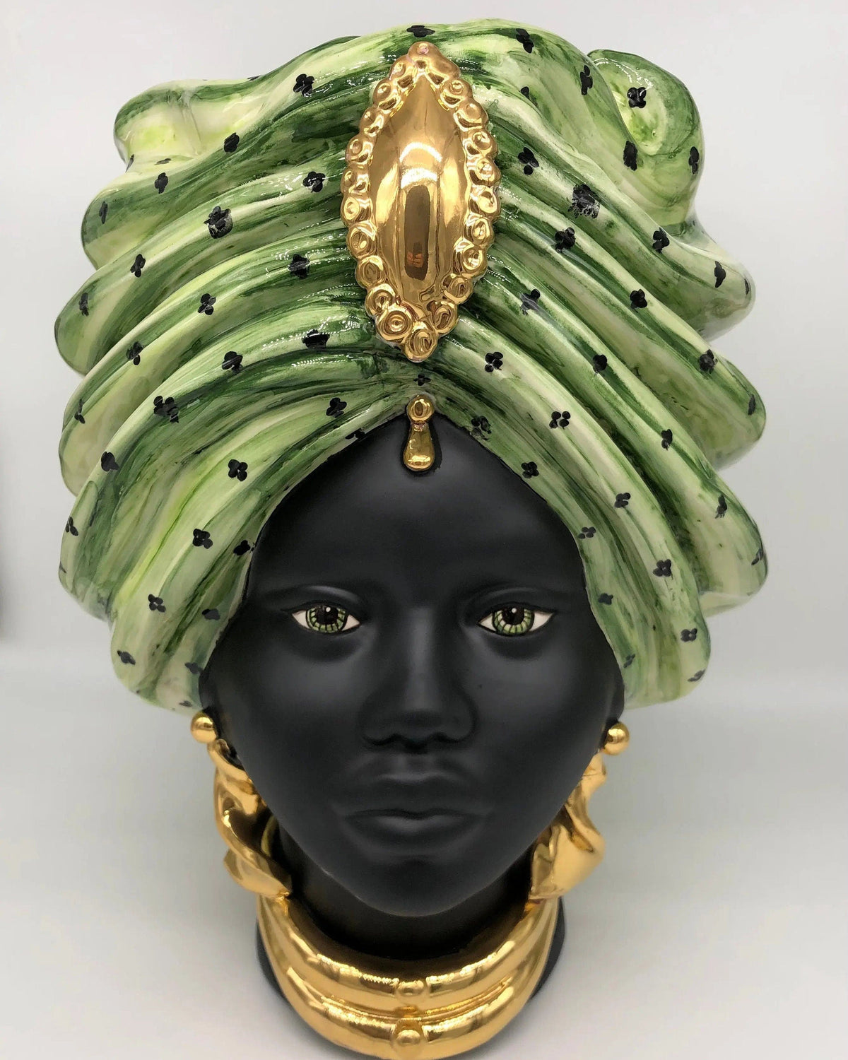 Teste di Moro Atena Ceramica Caltagirone cm H.40 L.28 Artigianale Verde Pois Nero Oro DD CERAMICHE SICILIANE