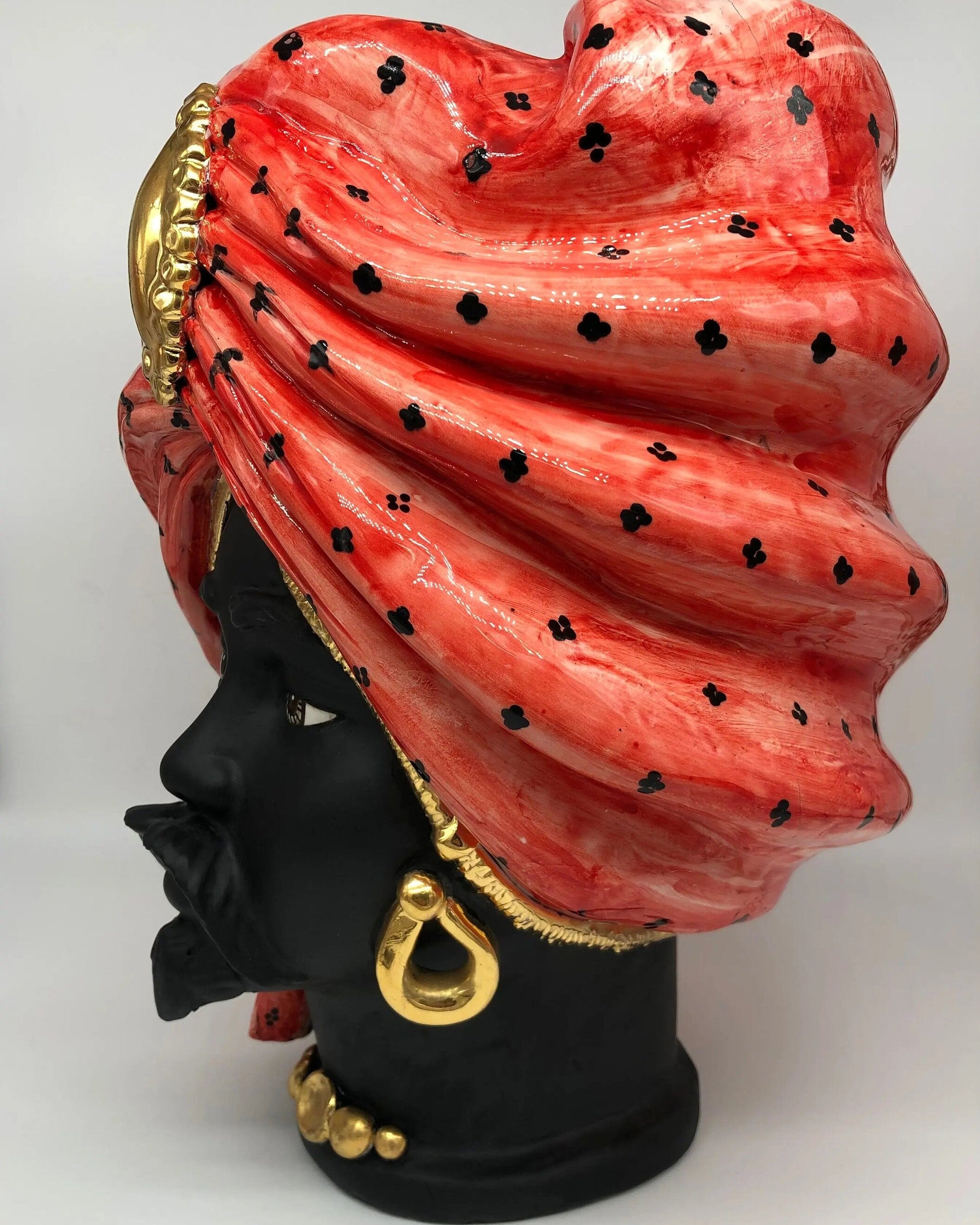 Teste di Moro Atena Ceramica Caltagirone cm H.40 L.28 Artigianale Rosso Pois Nero Oro DD CERAMICHE SICILIANE