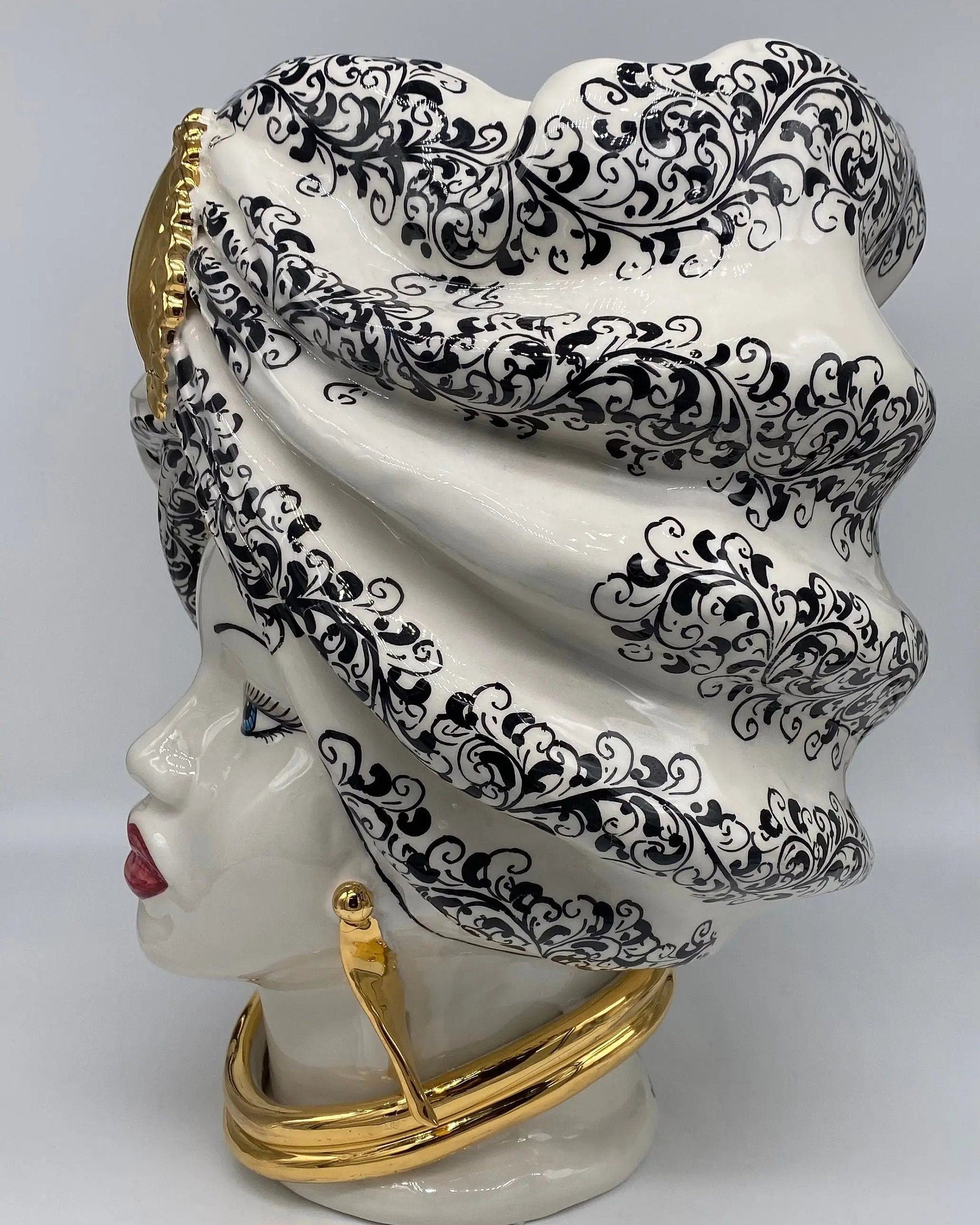 Teste di Moro Atena Ceramica Caltagirone cm H.40 L.28 Artigianale Opaco Bianco Barocco Oro DD CERAMICHE SICILIANE