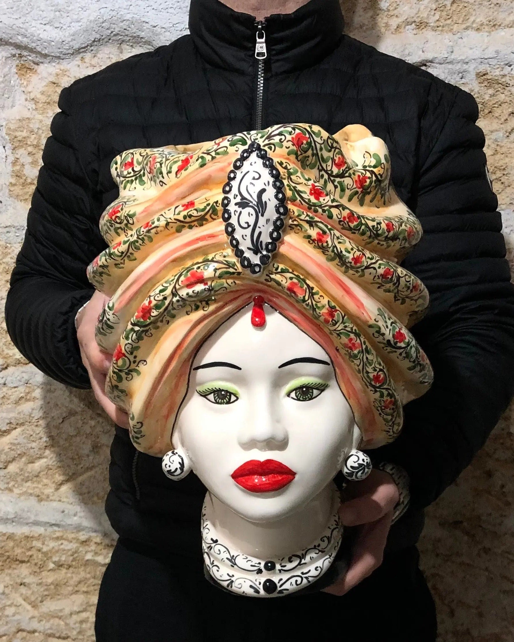 Teste di Moro Atena Ceramica Caltagirone cm H.40 L.28 Artigianale Decoro Floreale DD CERAMICHE SICILIANE