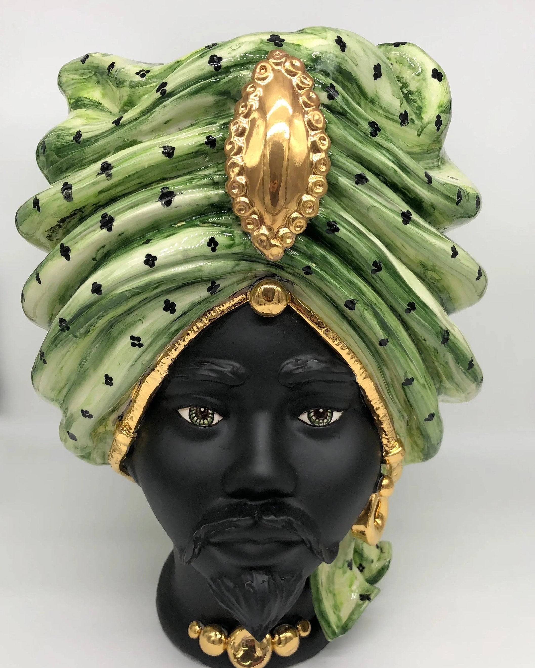 Teste di Moro Atena Ceramica Caltagirone cm H.40 L.28 Artigianale Verde Pois Nero Oro DD CERAMICHE SICILIANE