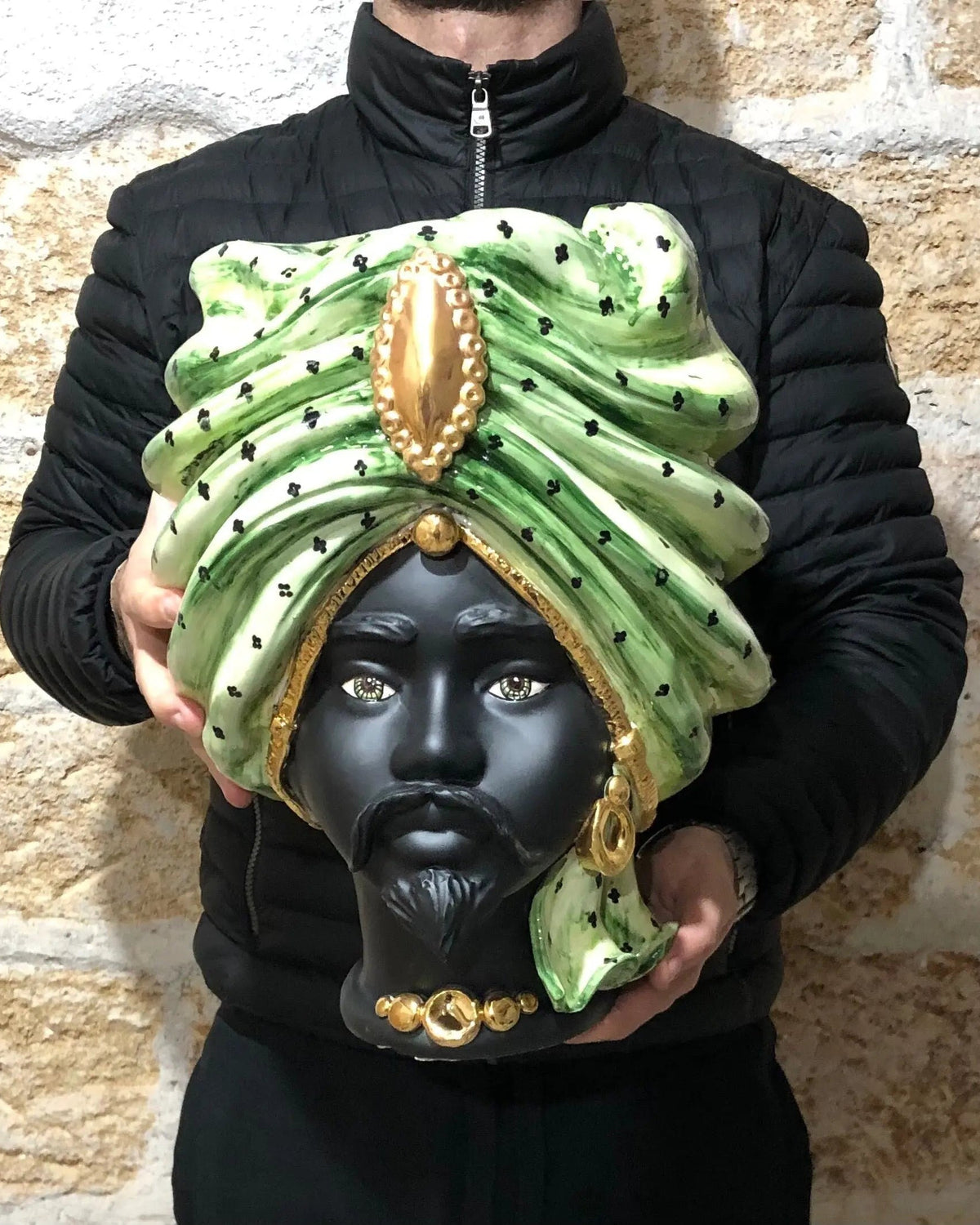 Teste di Moro Atena Ceramica Caltagirone cm H.40 L.28 Artigianale Verde Pois Nero Oro DD CERAMICHE SICILIANE