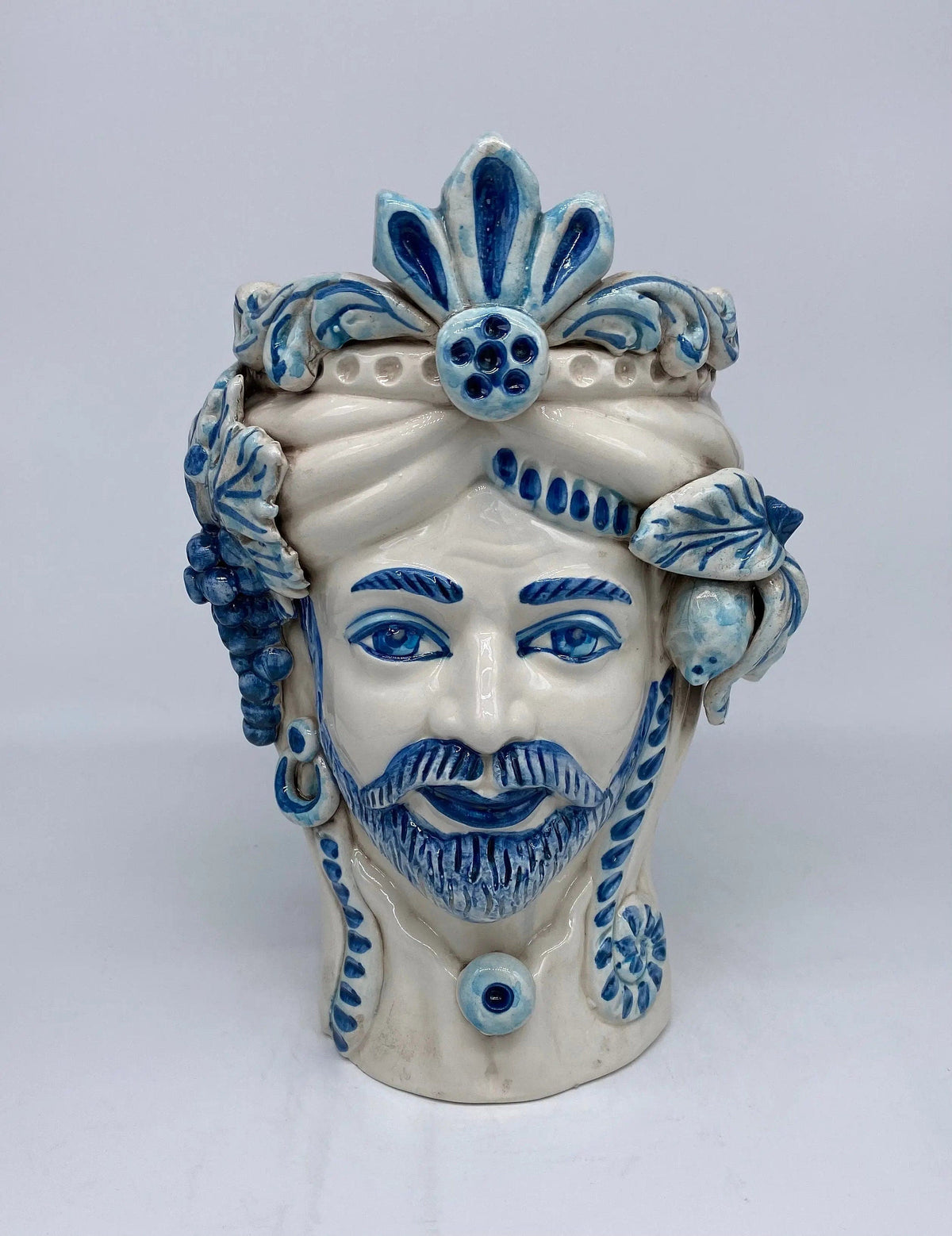 Teste di Moro Classica Ceramica Caltagirone cm H.27 L.20 Artigianale Bianco Blu DD CERAMICHE SICILIANE