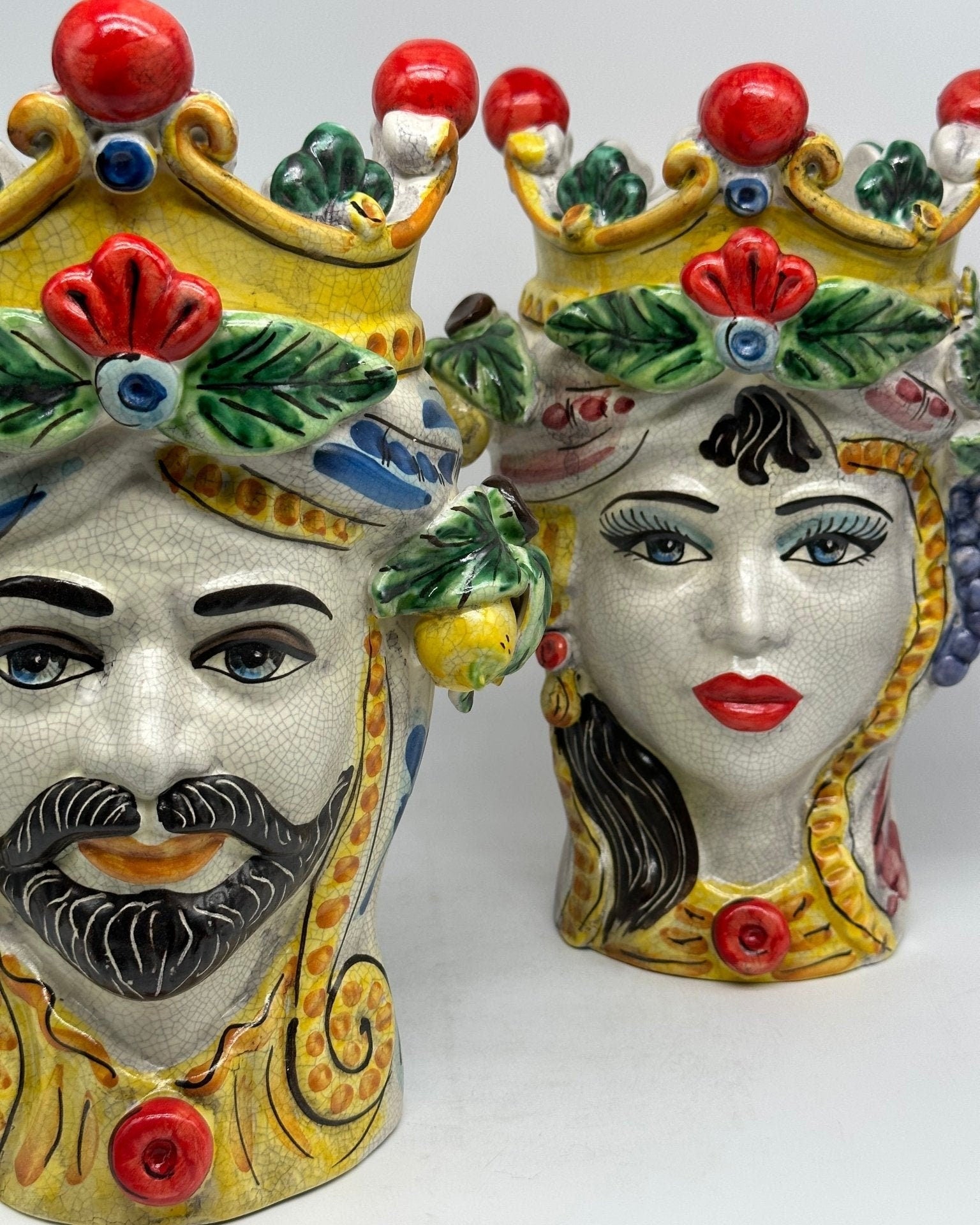 Teste di Moro Classica Corona Sfere Ceramica Caltagirone cm H.30 L.20 Craquelé - DD CERAMICHE SICILIANE