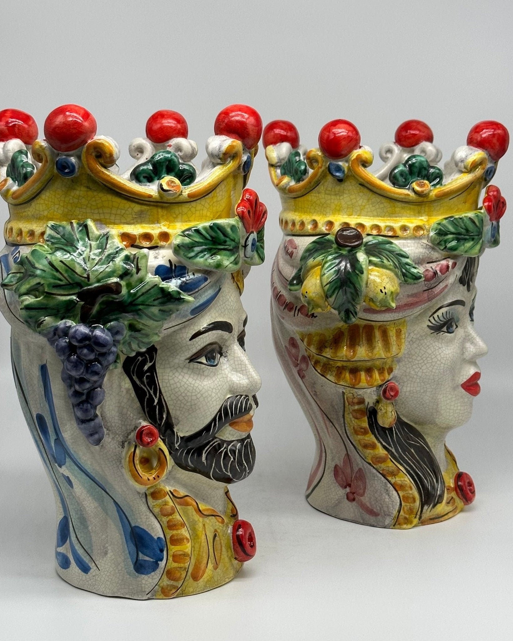 Teste di Moro Classica Corona Sfere Ceramica Caltagirone cm H.30 L.20 Craquelé - DD CERAMICHE SICILIANE