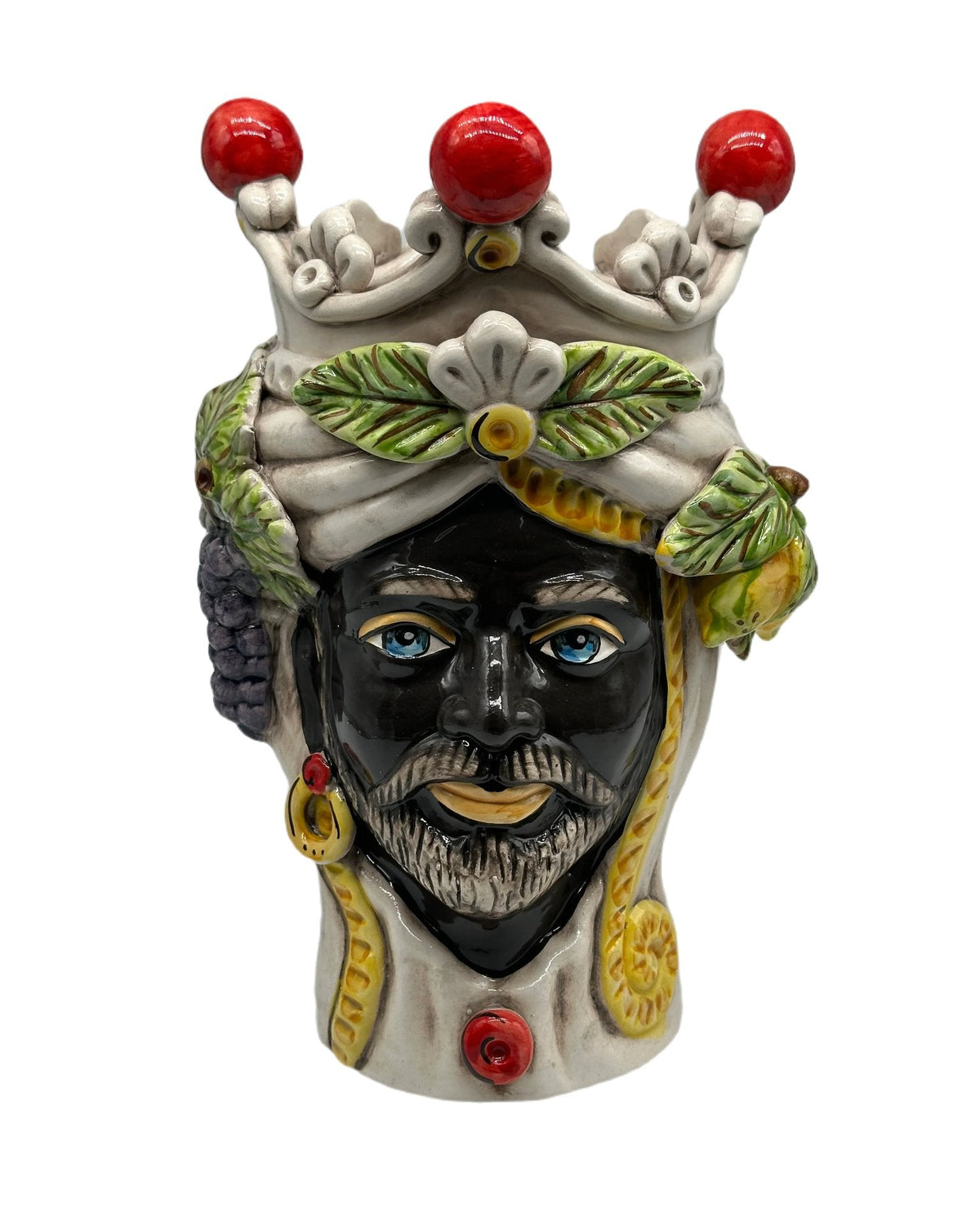 Teste di Moro Classica Corona Sfere Rosso Ceramica Caltagirone cm H.28 L.20 Artigianale - Re Nero - TESTA DI MORO