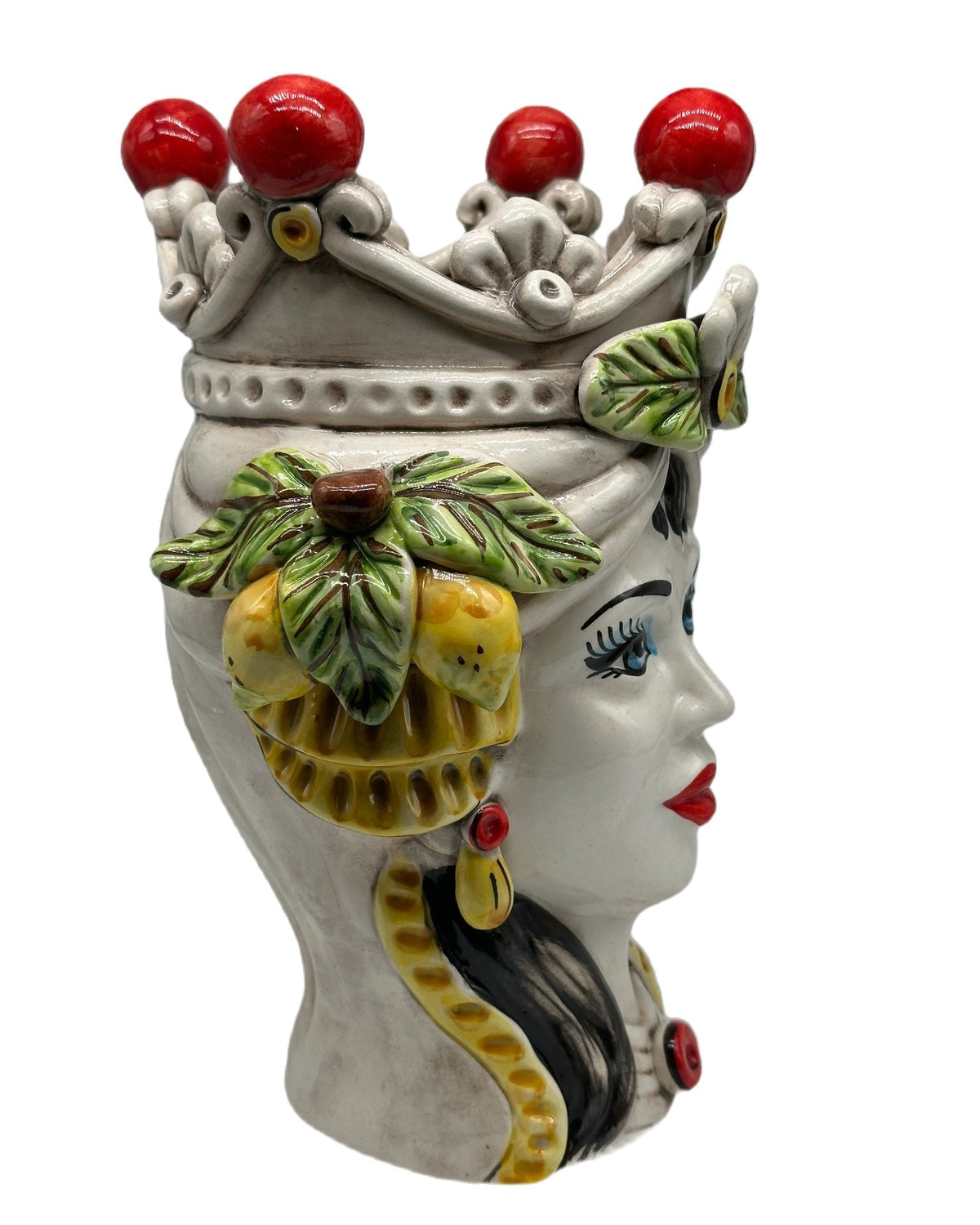 Teste di Moro Classica Corona Sfere Rosso Ceramica Caltagirone cm H.28 L.20 Artigianale - TESTA DI MORO