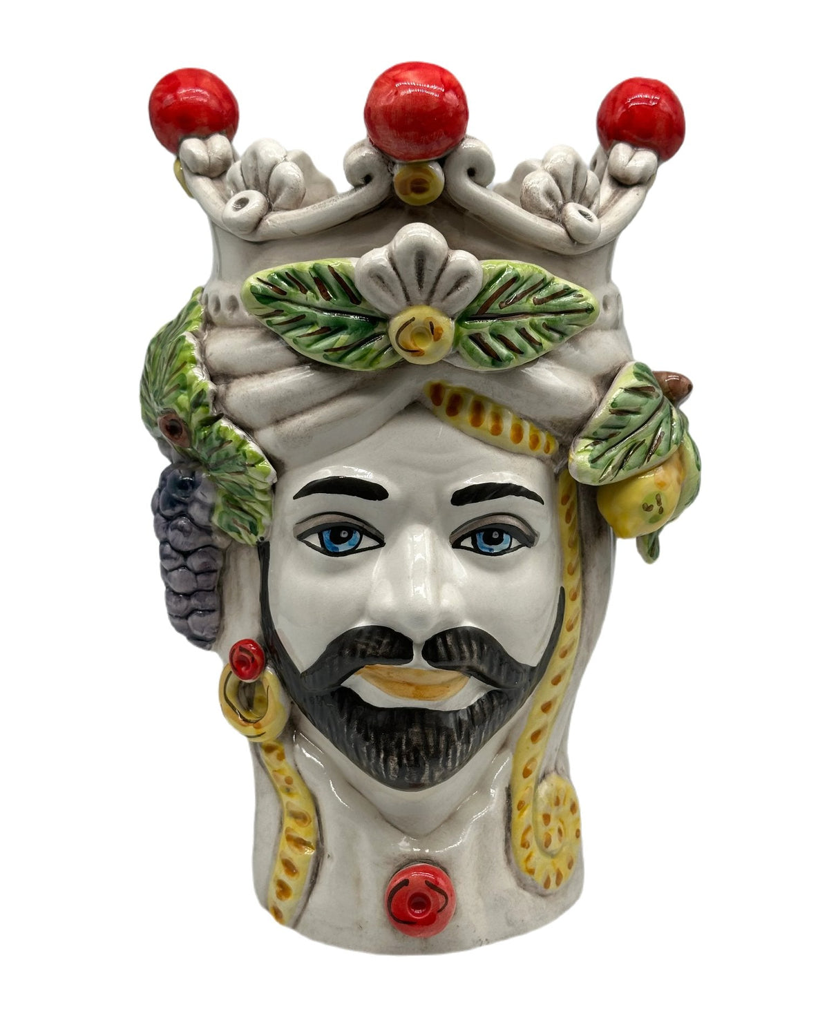 Teste di Moro Classica Corona Sfere Rosso Ceramica Caltagirone cm H.28 L.20 Artigianale - Re Bianco - TESTA DI MORO