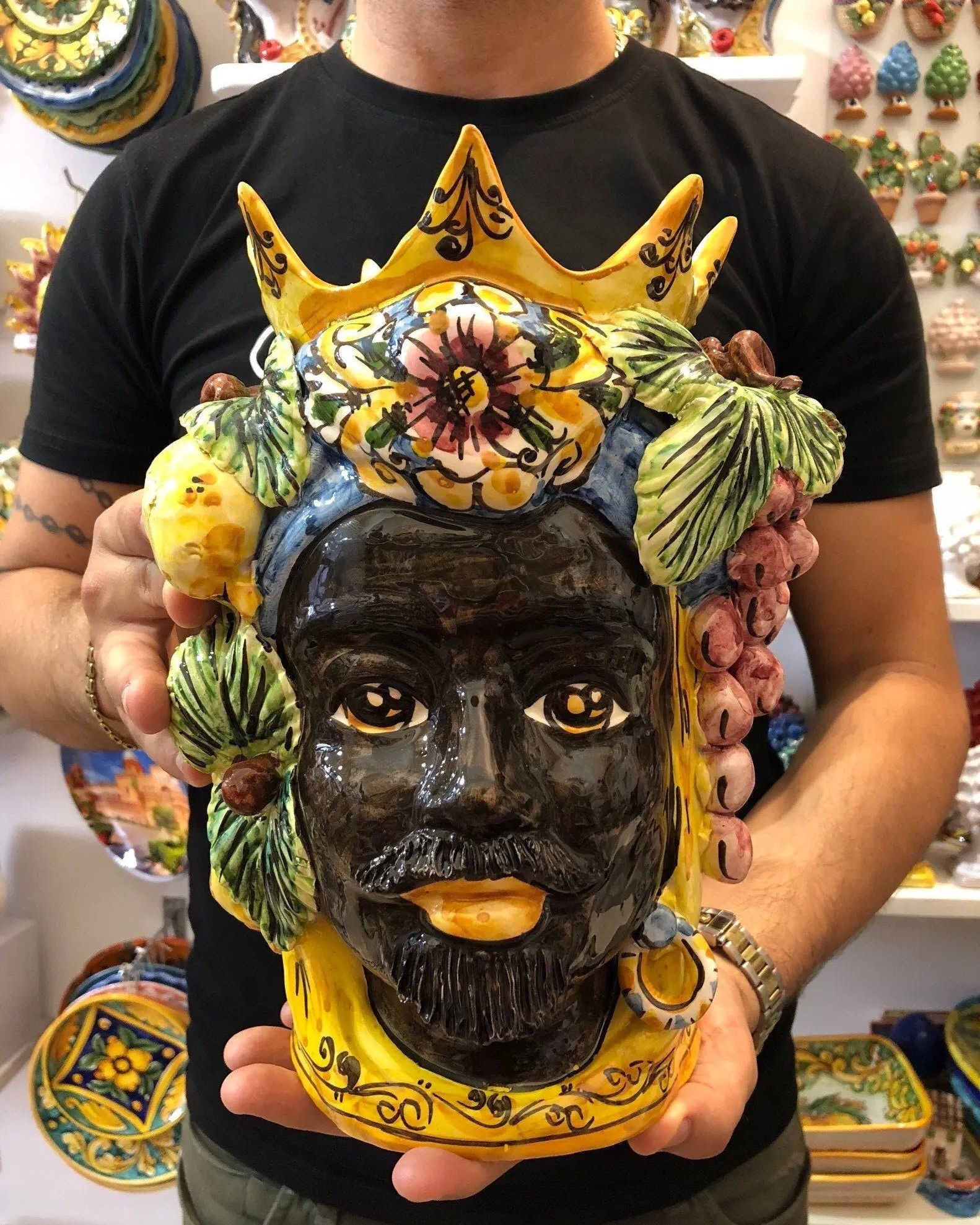 Teste di Moro Corona a Punte Ceramica Caltagirone cm H.28 L.20 Artigianale Decorazione Siciliana DD CERAMICHE SICILIANE