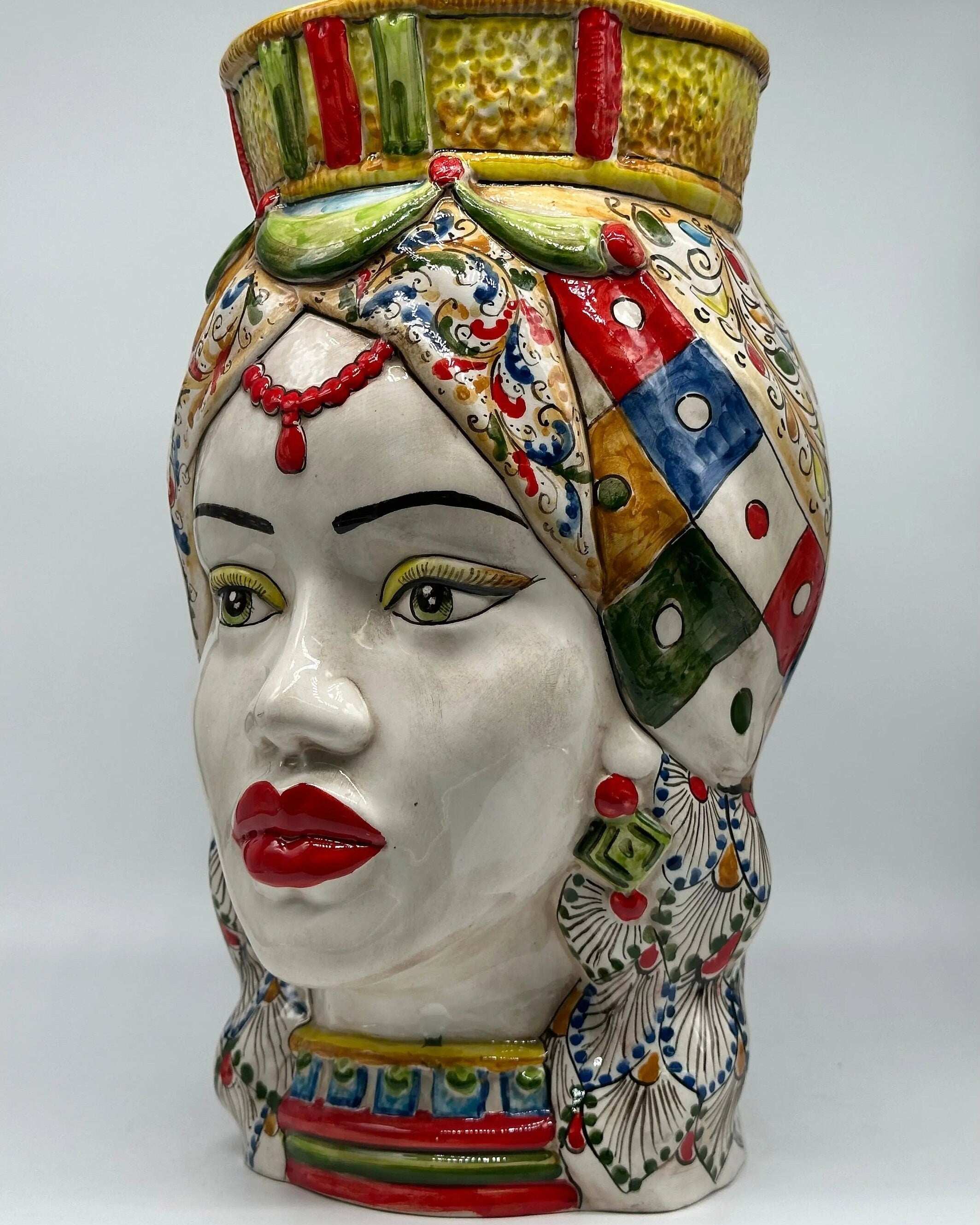 Teste di Moro Saturno Ceramica Caltagirone cm H.37 L.22 Artigianale Decoro “Carretto” DD CERAMICHE SICILIANE