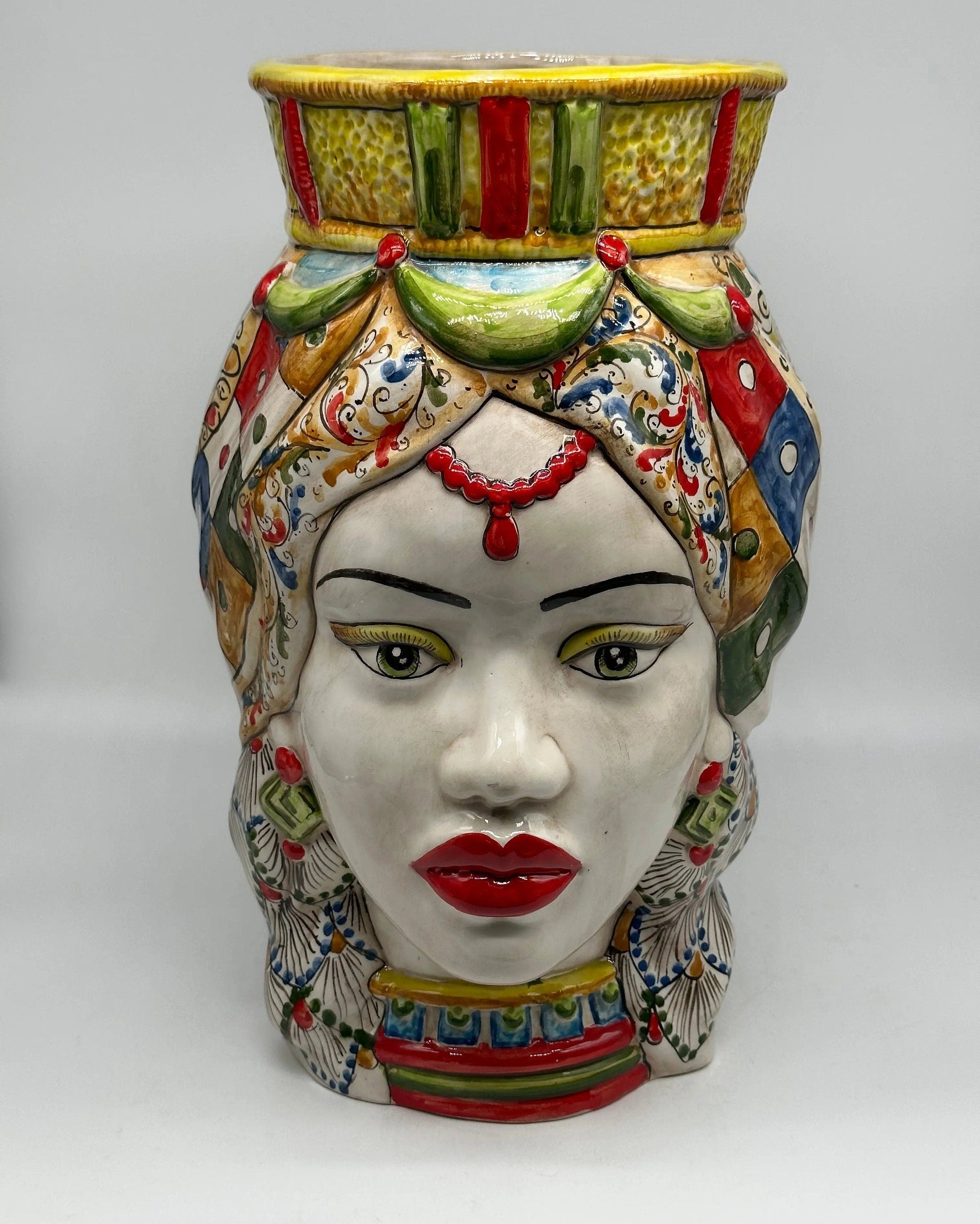 Teste di Moro Saturno Ceramica Caltagirone cm H.37 L.22 Artigianale Decoro “Carretto” DD CERAMICHE SICILIANE