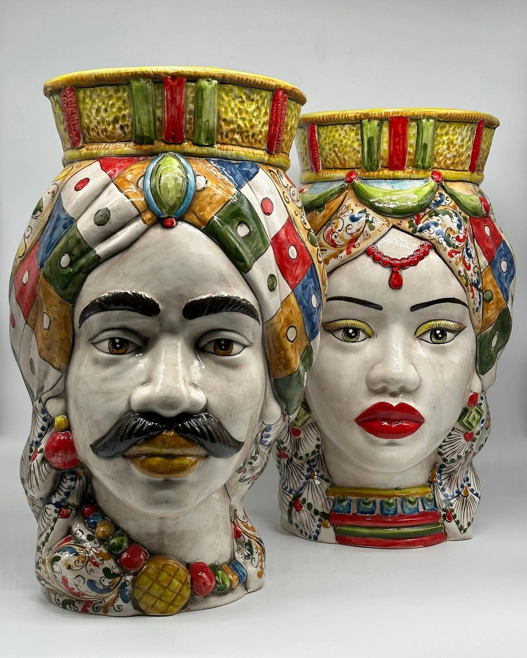 Teste di Moro Saturno Ceramica Caltagirone cm H.37 L.22 Artigianale Decoro “Carretto” DD CERAMICHE SICILIANE