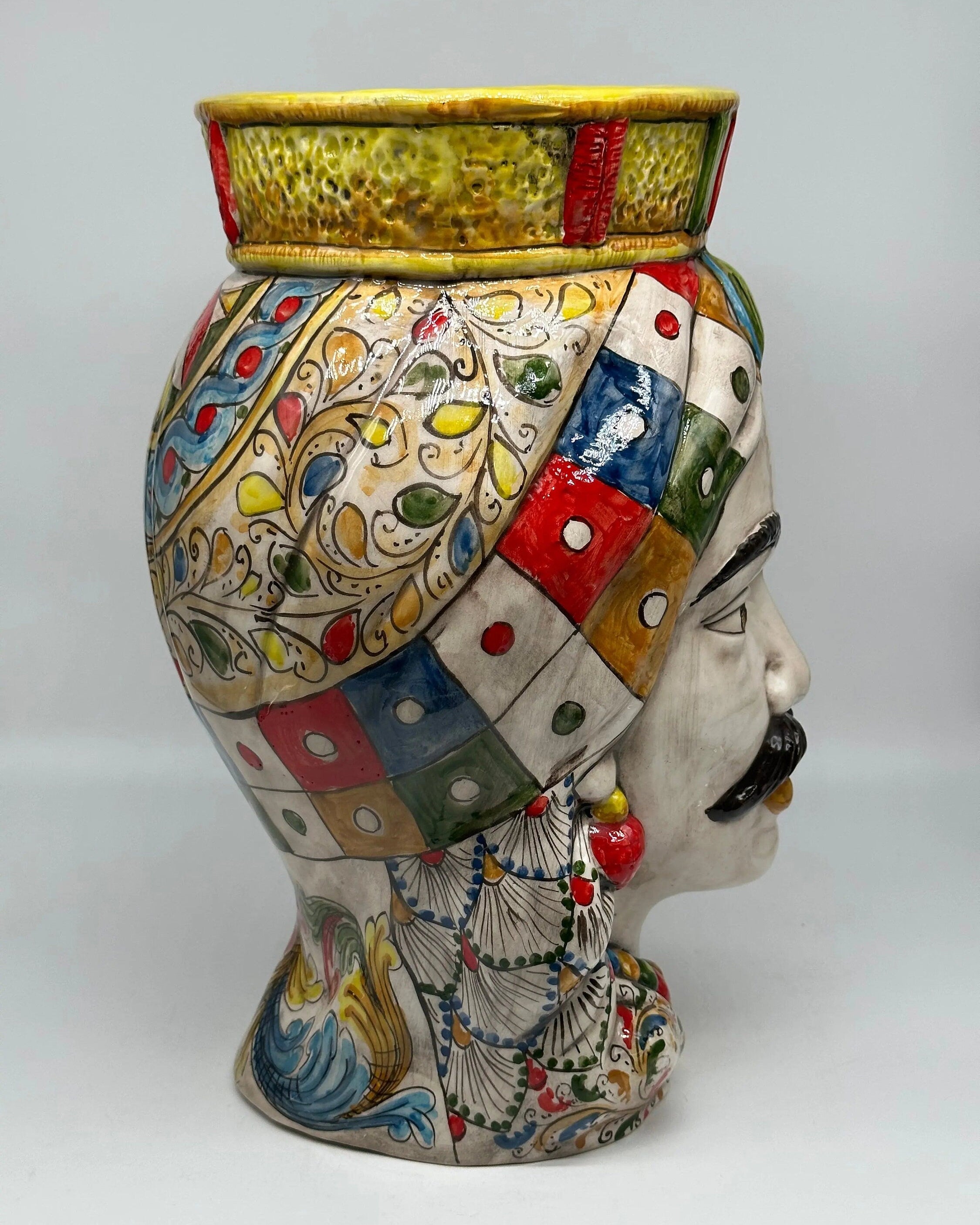 Teste di Moro Saturno Ceramica Caltagirone cm H.37 L.22 Artigianale Decoro “Carretto” DD CERAMICHE SICILIANE
