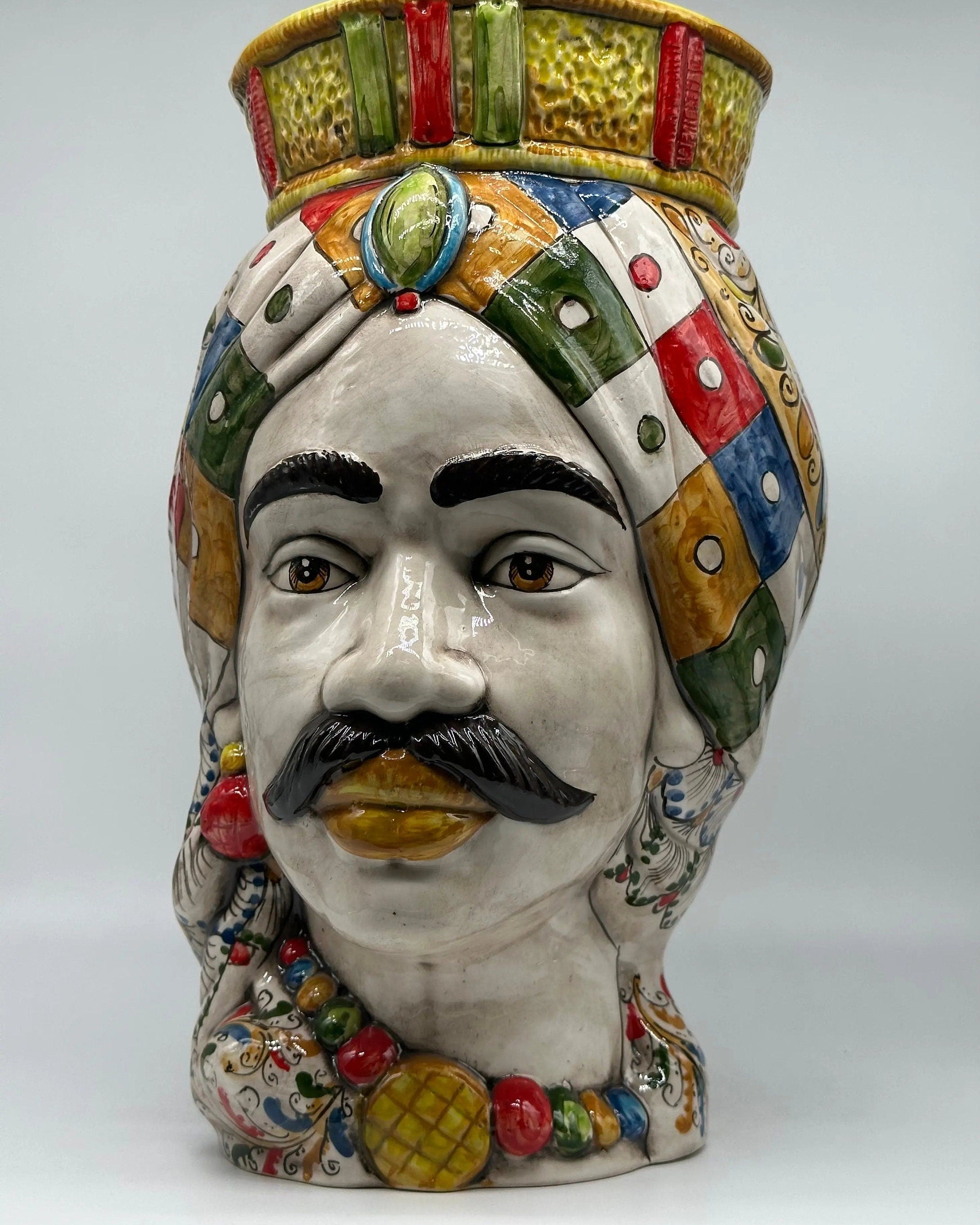 Teste di Moro Saturno Ceramica Caltagirone cm H.37 L.22 Artigianale Decoro “Carretto” DD CERAMICHE SICILIANE